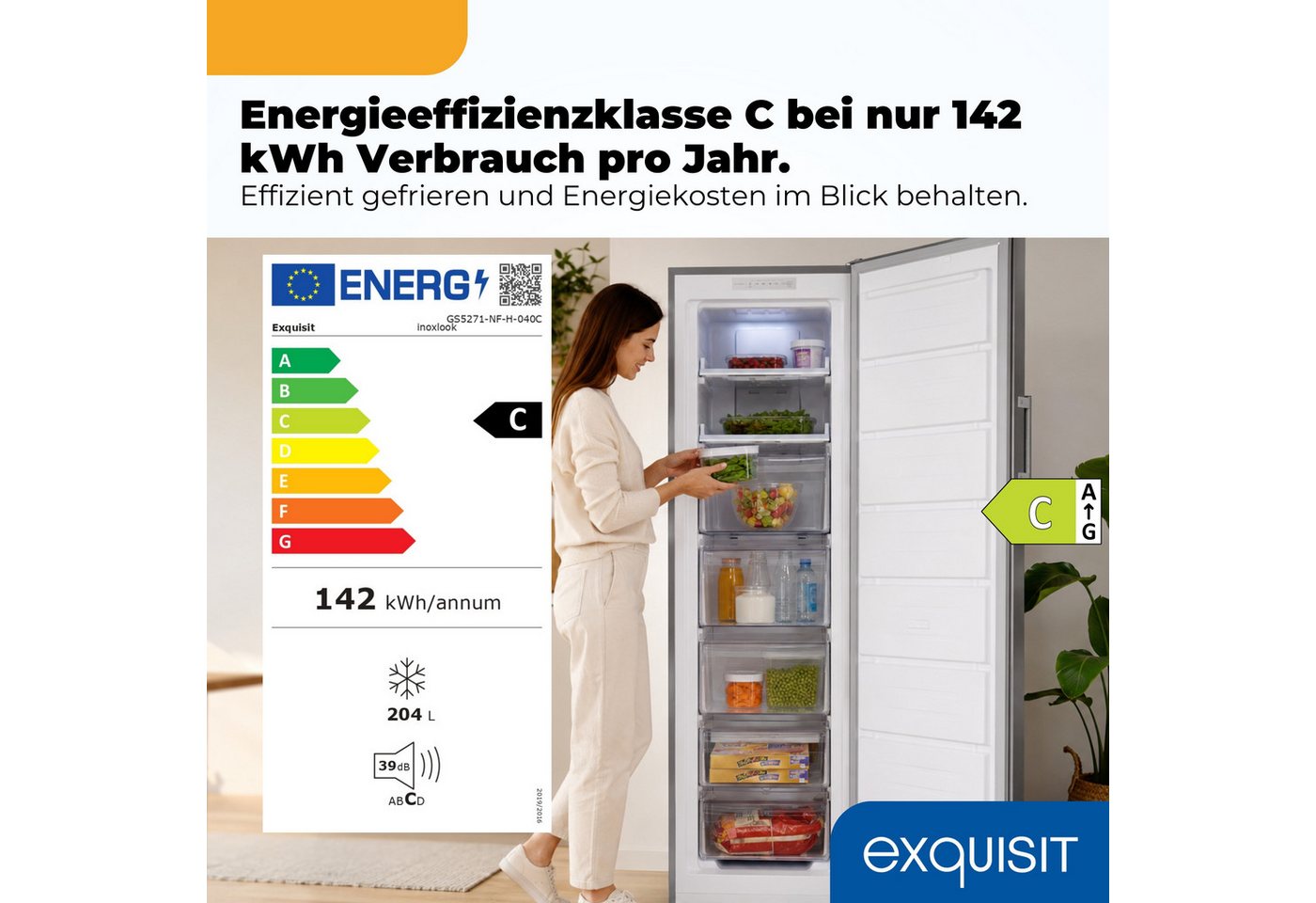 exquisit Gefrierschrank GS5271-NF-H-040C, 170 cm hoch, 54,5 cm breit, 204 l Nutzinhalt, 4 Gefrierschubladen, Energieklasse C, 39 dB Bild 4