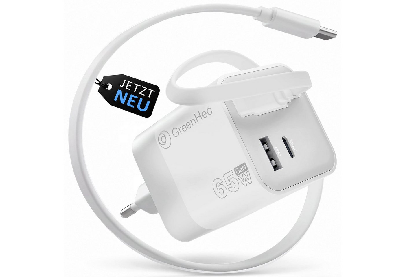 GreenHec 65w USB-C Ladegerät - Ausziehbares Kabel, GaN Schnell Charger Schnelllade-Gerät (50 mA, Spar-Set, Universelle Kompatibilität, Netzteil, 3 Port Stecker, für Macbook, Labtop, iPad, iPhone, Samsung) Bild 3