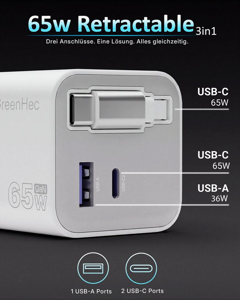 GreenHec 65w USB-C Ladegerät - Ausziehbares Kabel, GaN Schnell Charger Schnelllade-Gerät (50 mA, Spar-Set, Universelle Kompatibilität, Netzteil, 3 Port Stecker, für Macbook, Labtop, iPad, iPhone, Samsung) Bild 4