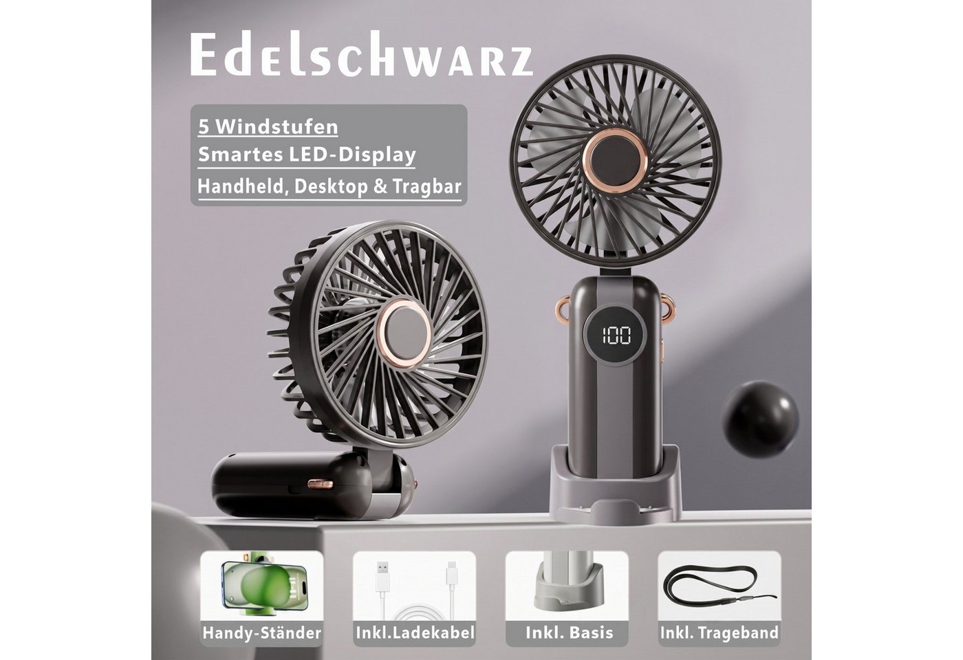 Solarandmore Handventilator Handventilator,Tragbarer Ventilator,Mini Ventilator,Tischventilator, USB wiederaufladbar,Faltbar,Reisen,Sommer,Geschwindigkeitsstufen,leise Bild 3