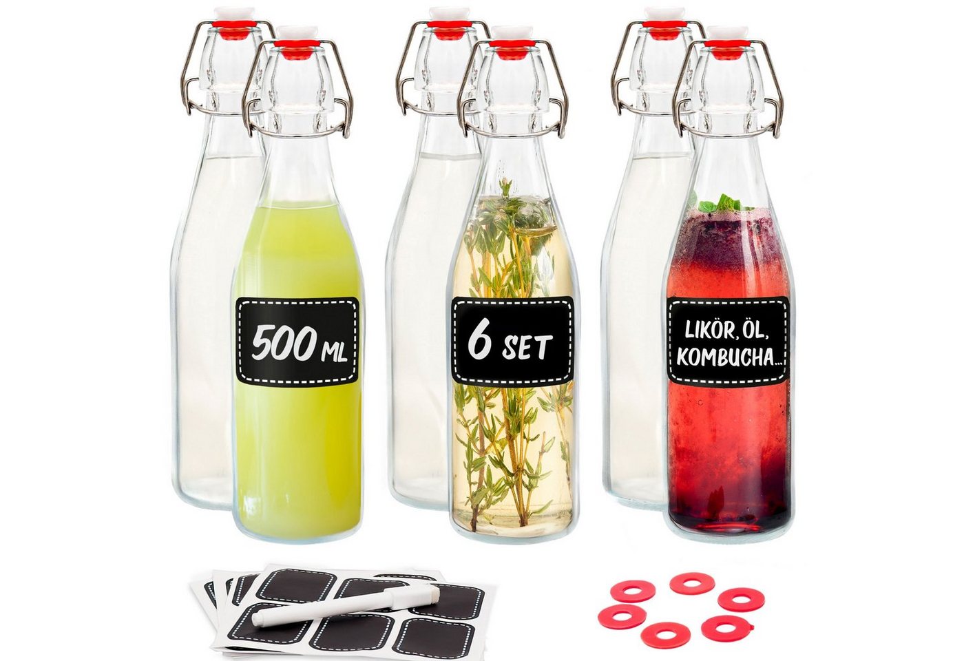 Praknu Trinkflasche 6er Set Glasflaschen 500ml mit Bügelverschluss - Bügelflaschen, Öl Flasche, Flaschen Aufbewahrung, Likörflaschen, Bügelflasche Set Bild 2