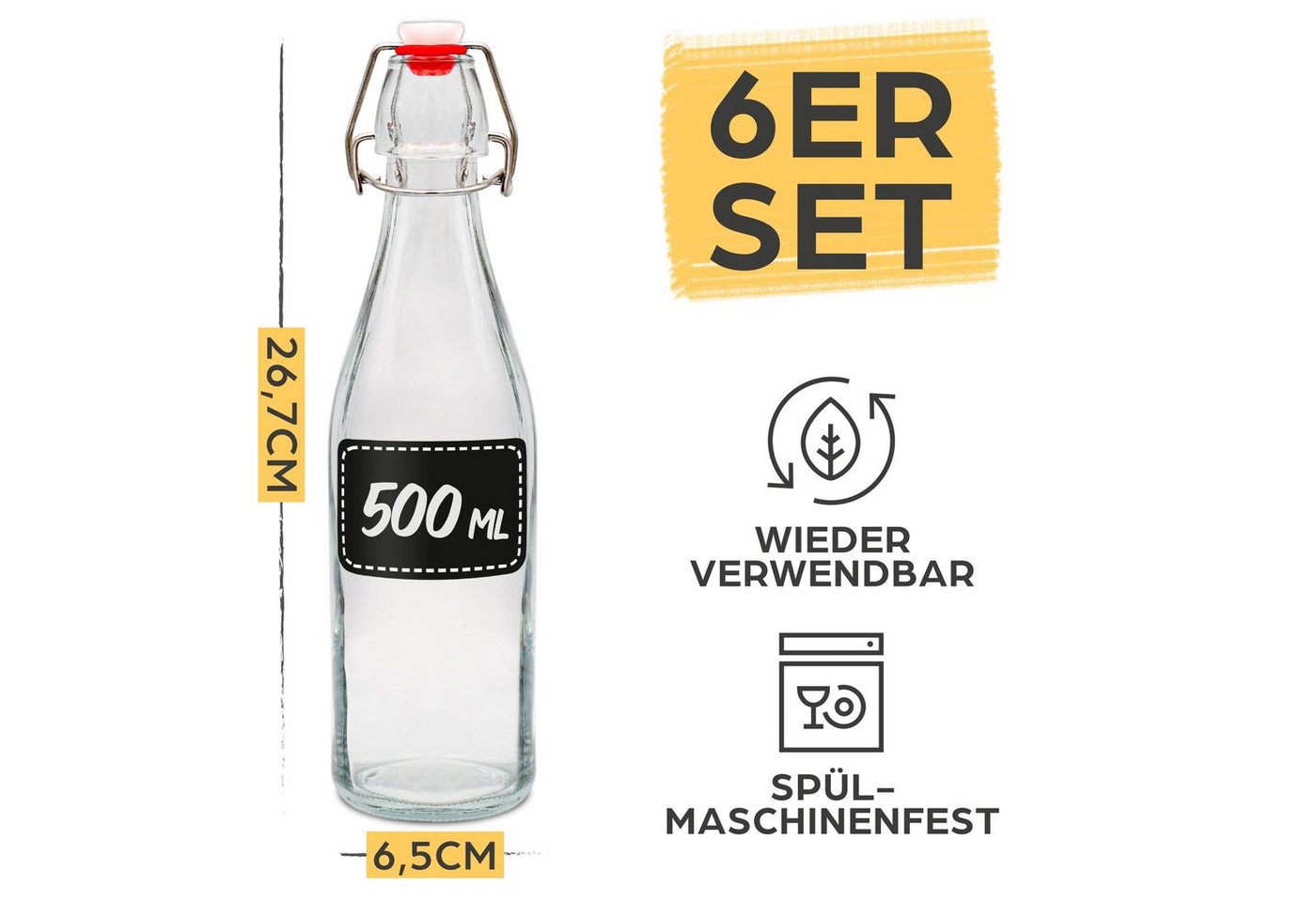 Praknu Trinkflasche 6er Set Glasflaschen 500ml mit Bügelverschluss - Bügelflaschen, Öl Flasche, Flaschen Aufbewahrung, Likörflaschen, Bügelflasche Set Bild 3