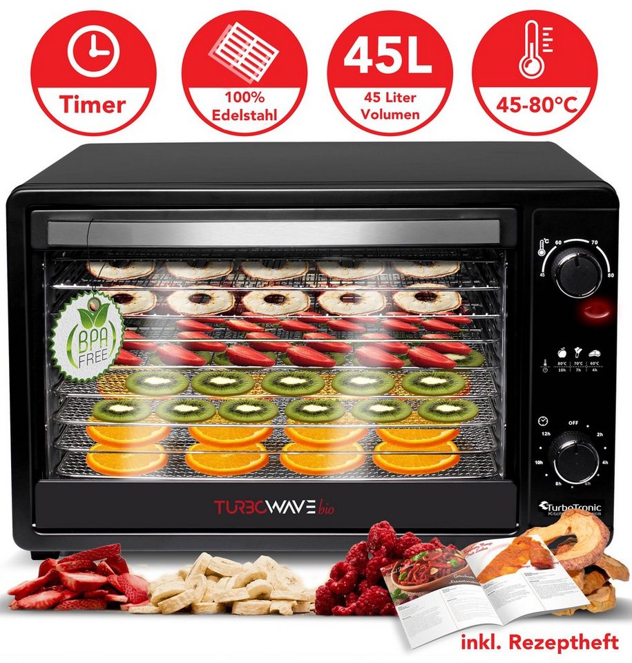 TurboTronic by Z-Line Dörrautomat TurboWave BIO Komplett aus Metall KEIN PLASTIK! gesund Dörrer 45-80°C 650 W, 9 Etagen, Dehydrator 45L Obsttrockner Trockenfleisch Dörrgerät inkl Rezeptheft