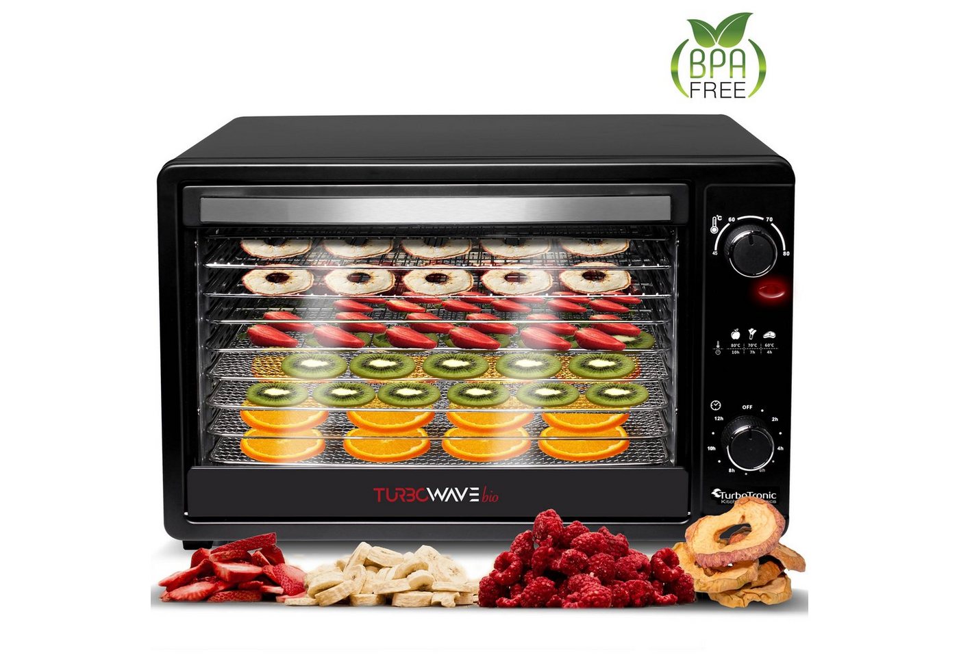 TurboTronic by Z-Line Dörrautomat TurboWave BIO Komplett aus Metall KEIN PLASTIK! gesund Dörrer 45-80°C 650 W, 9 Etagen, Dehydrator 45L Obsttrockner Trockenfleisch Dörrgerät inkl Rezeptheft Bild 4