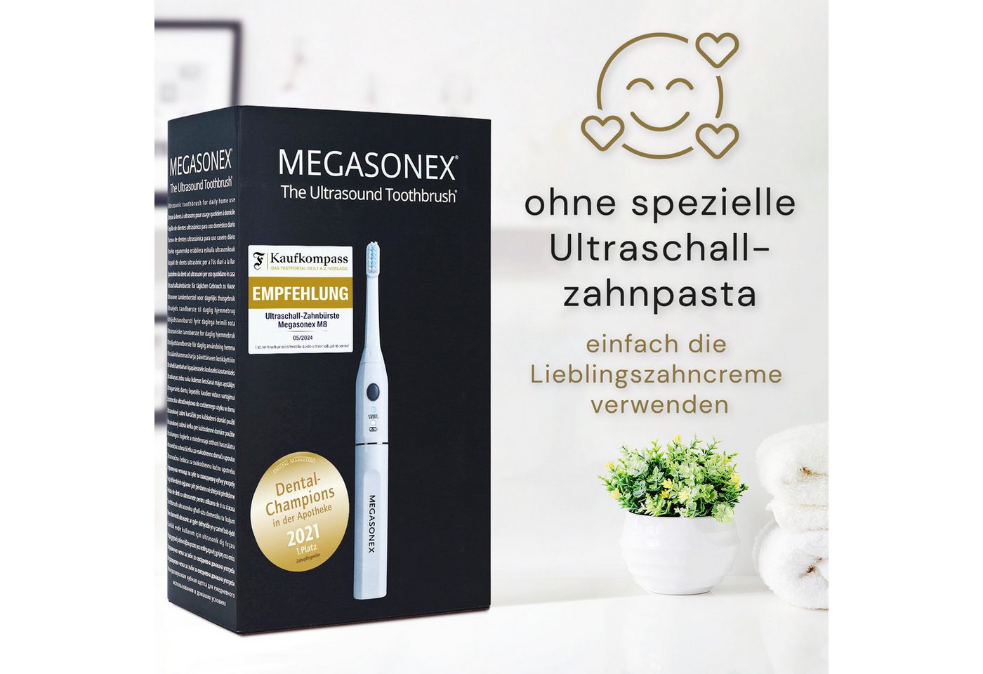 Megasonex Ultraschallzahnbürste M8, Aufsteckbürsten: 2 St., Ultraschall-Zahnbürste mit Ladestation, 2 Bürstenköpfen & Reiseetui