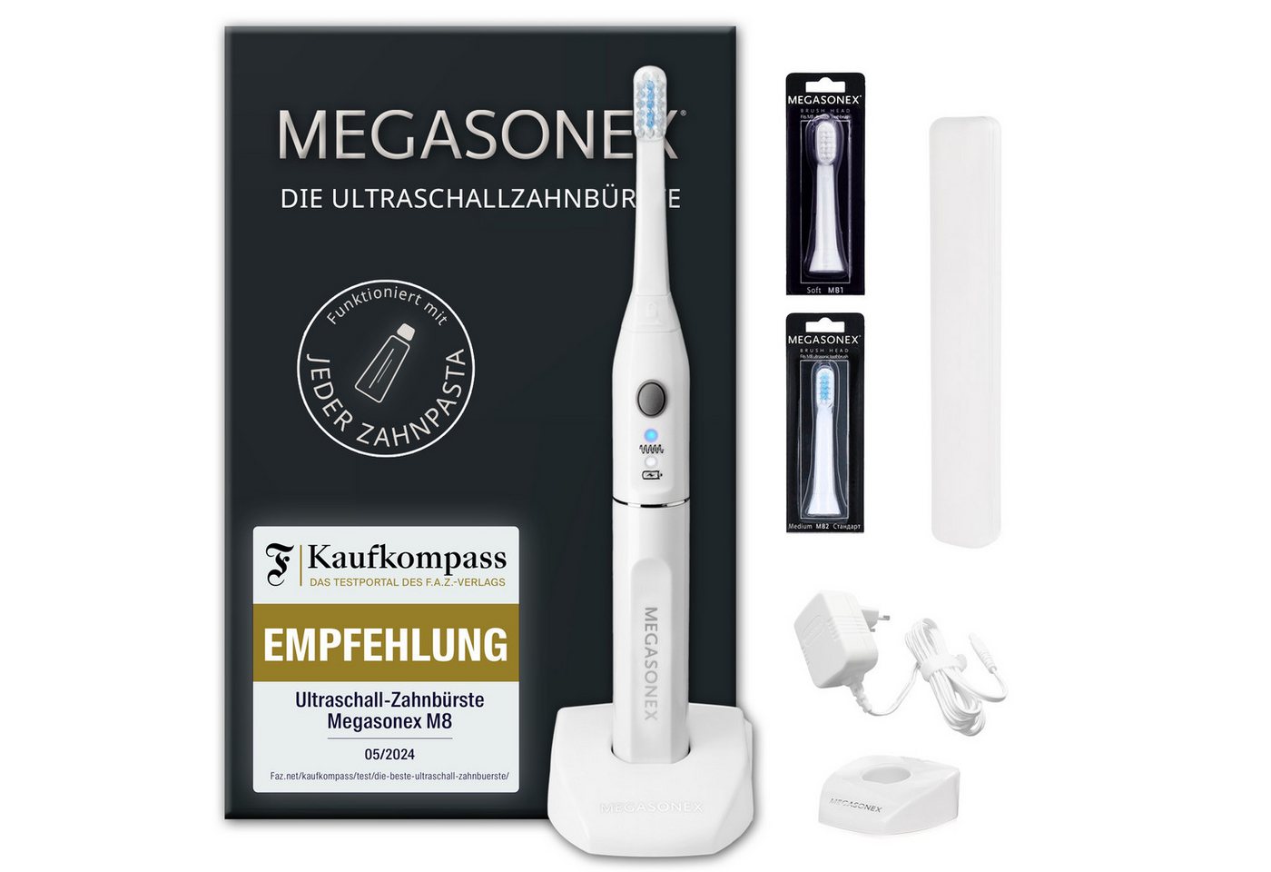 Megasonex Ultraschallzahnb ürste M8, Aufsteckbürsten: 2 St., Ultraschall-Zahnbürste mit Ladestation, 2 Bürstenköpfen & Reiseetui Bild 3