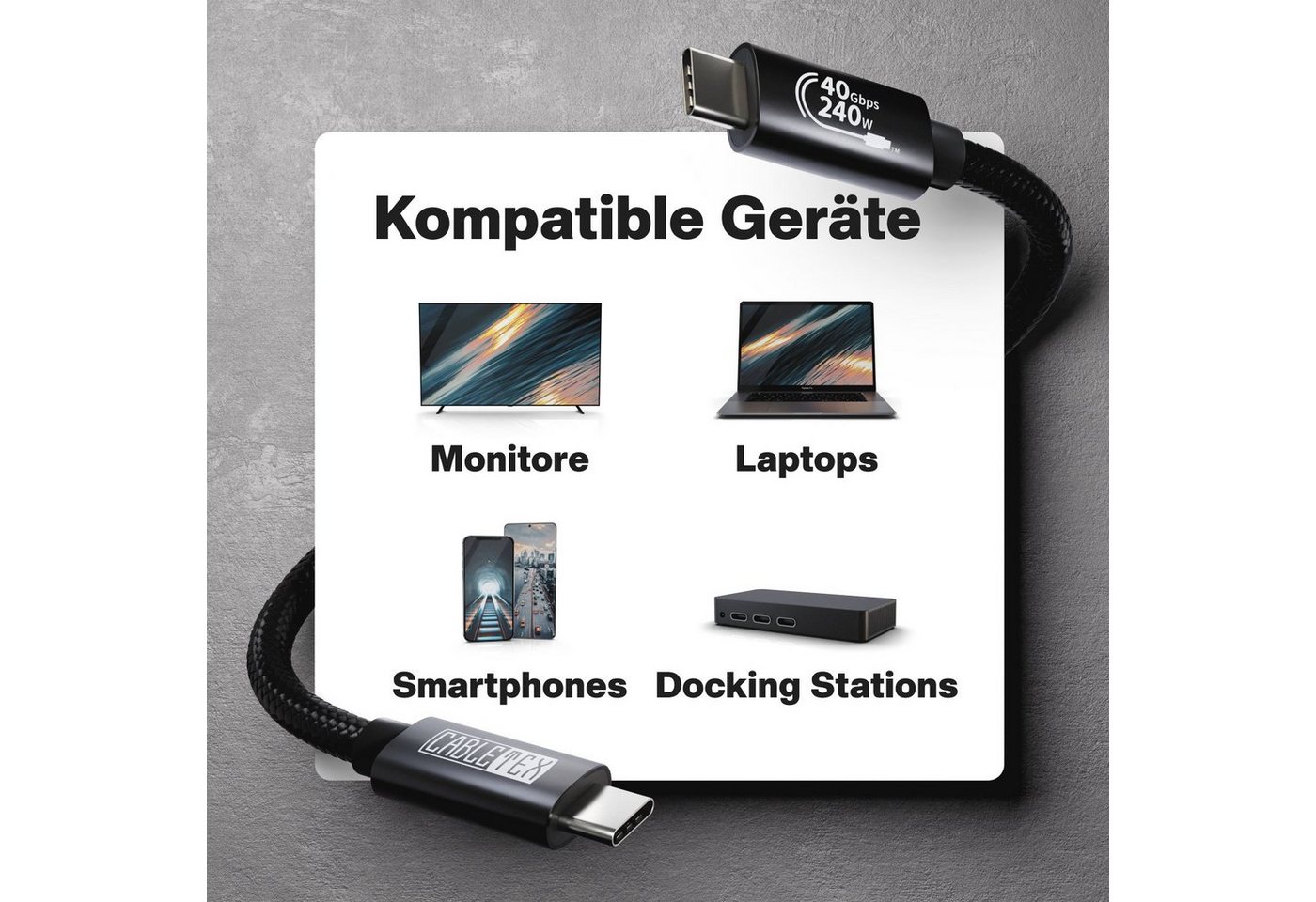 CABLETEX USB 4 Gen3x2 Monitorkabel Thunderbolt 3 Thunderbolt-Kabel, USB-C, USB4, USB 4, Thunderbolt, USB-C, USB4, USB 4, Thunderbolt (200 cm), 8K-Auflösung Bild 5