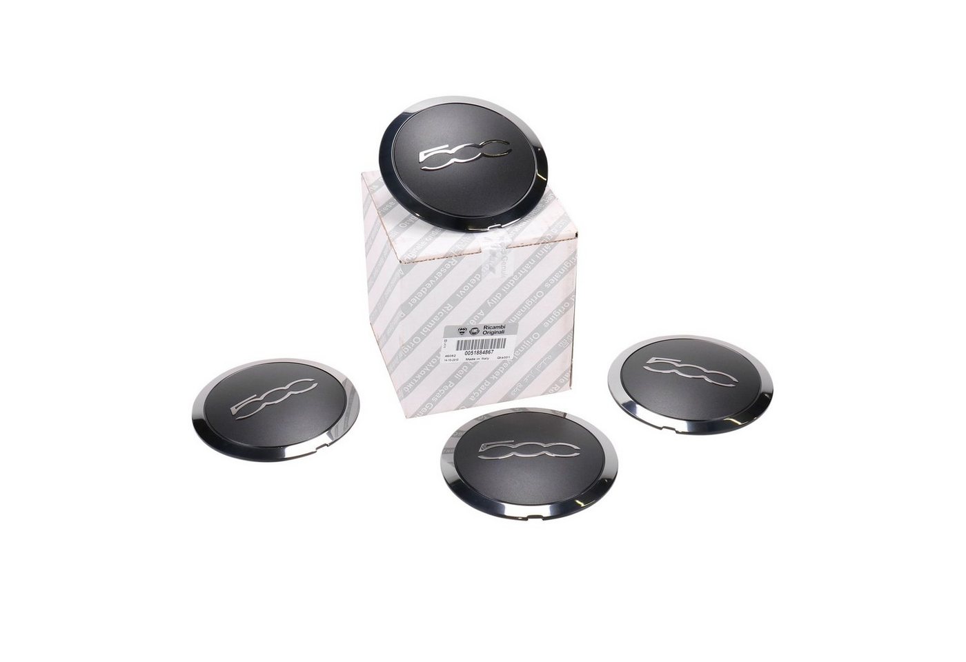 FIAT Radkappe Original Nabendeckel Satz Alufelge schwarz Chrom 51884863, (4-St)