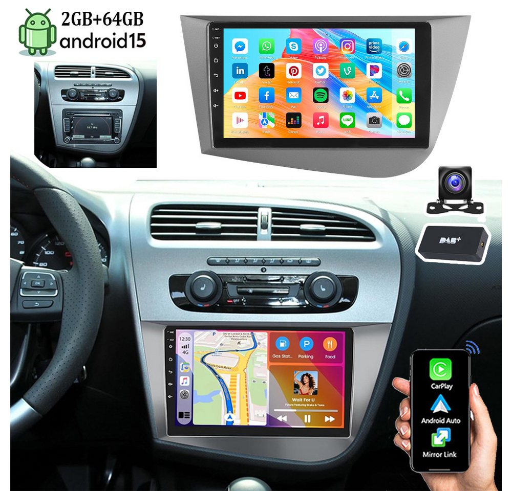 ESSGOO 64G Für Seat Leon 1P1 2005-2012 Android15 Carplay GPS NAVI WIFI BT 4.1 Autoradio (RDS, 4+64GB(optional), FM, AM, DAB+ (optional), Wireless Apple Carplay & Android Auto,2 DIN,WMA,ASP)