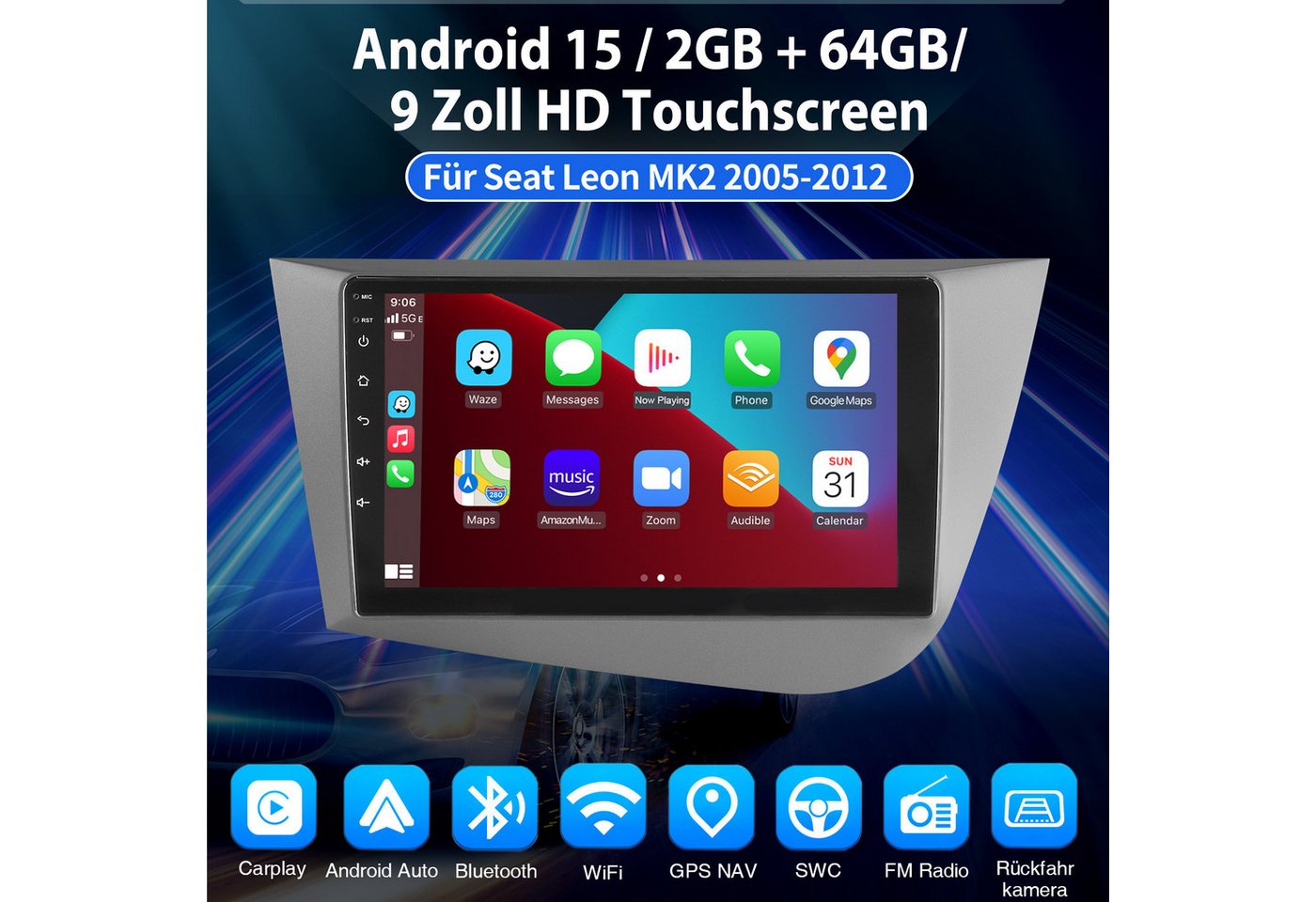 ESSGOO 64G Für Seat Leon 1P1 2005-2012 Android15 Carplay GPS NAVI WIFI BT 4.1 Autoradio (RDS, 4+64GB(optional), FM, AM, DAB+ (optional), Wireless Apple Carplay & Android Auto,2 DIN,WMA,ASP) Bild 5