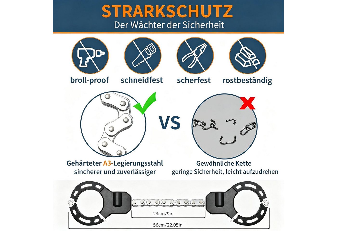 Kityhome Kettenschloss Hochwertiges Fahrradschloss aus Zinklegierung - mit Gummischutz (Es gibt drei Anpassungsstufen), Handschellen-Design