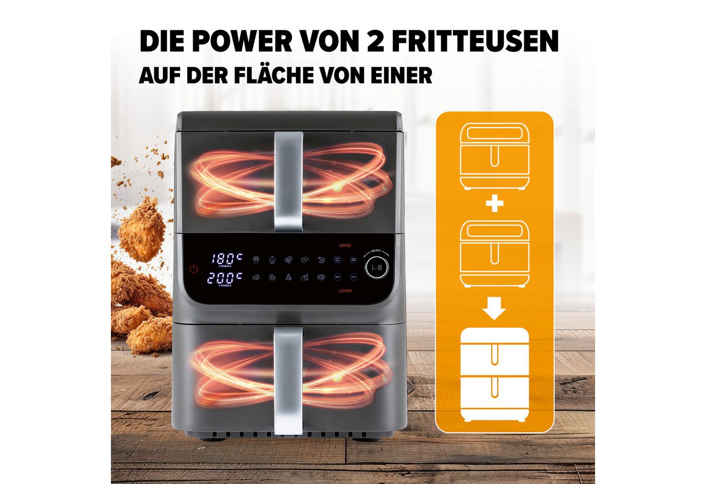 GOURMETmaxx Heißluftfritteuse, 2500 W, 2 Ebenen Air Fryer Smart-Cook-Funktion 10 Programme 6 Funktionen