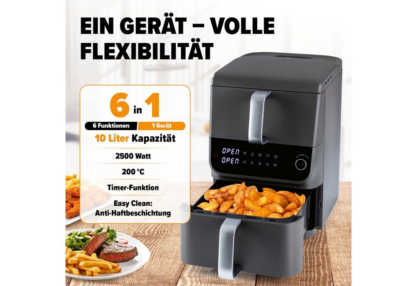 GOURMETmaxx Heißluftfritteuse, 2500 W, 2 Ebenen Air Fryer Smart-Cook-Funktion 10 Programme 6 Funktionen Bild 2