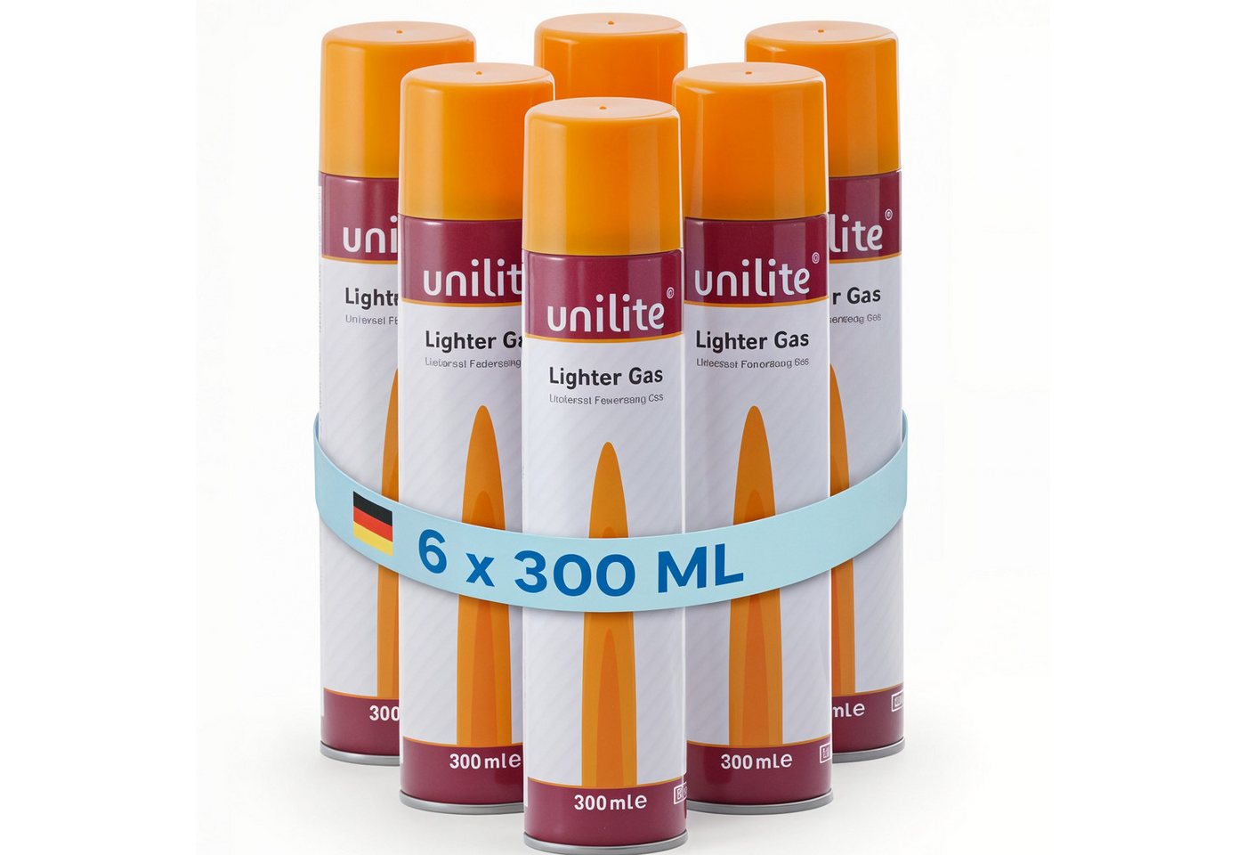 Unilite Gaskartusche Feuerzeuggas mit 6 Adaptern, Nachfüllgas für Feuerzeuge, 6 St., 6 x 300ml Set, Küchenbrenner, Flammbierer, Stabfeuerzeuge Bild 2