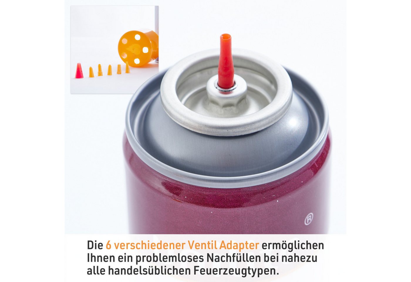 Unilite Gaskartusche Feuerzeuggas mit 6 Adaptern, Nachfüllgas für Feuerzeuge, 6 St., 6 x 300ml Set, Küchenbrenner, Flammbierer, Stabfeuerzeuge Bild 3