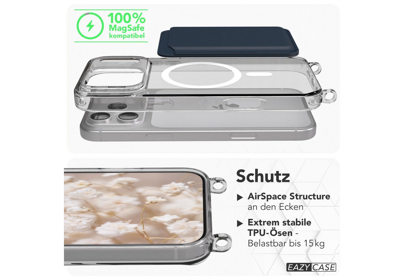 EAZY CASE Handykette mit Magsafe Hülle für Apple iPhone 17 Pro Max 6,9 Zoll, Handykordel Qi-Case Slimcover mit Umhängeband zum Umhängen in Schwarz Bild 3