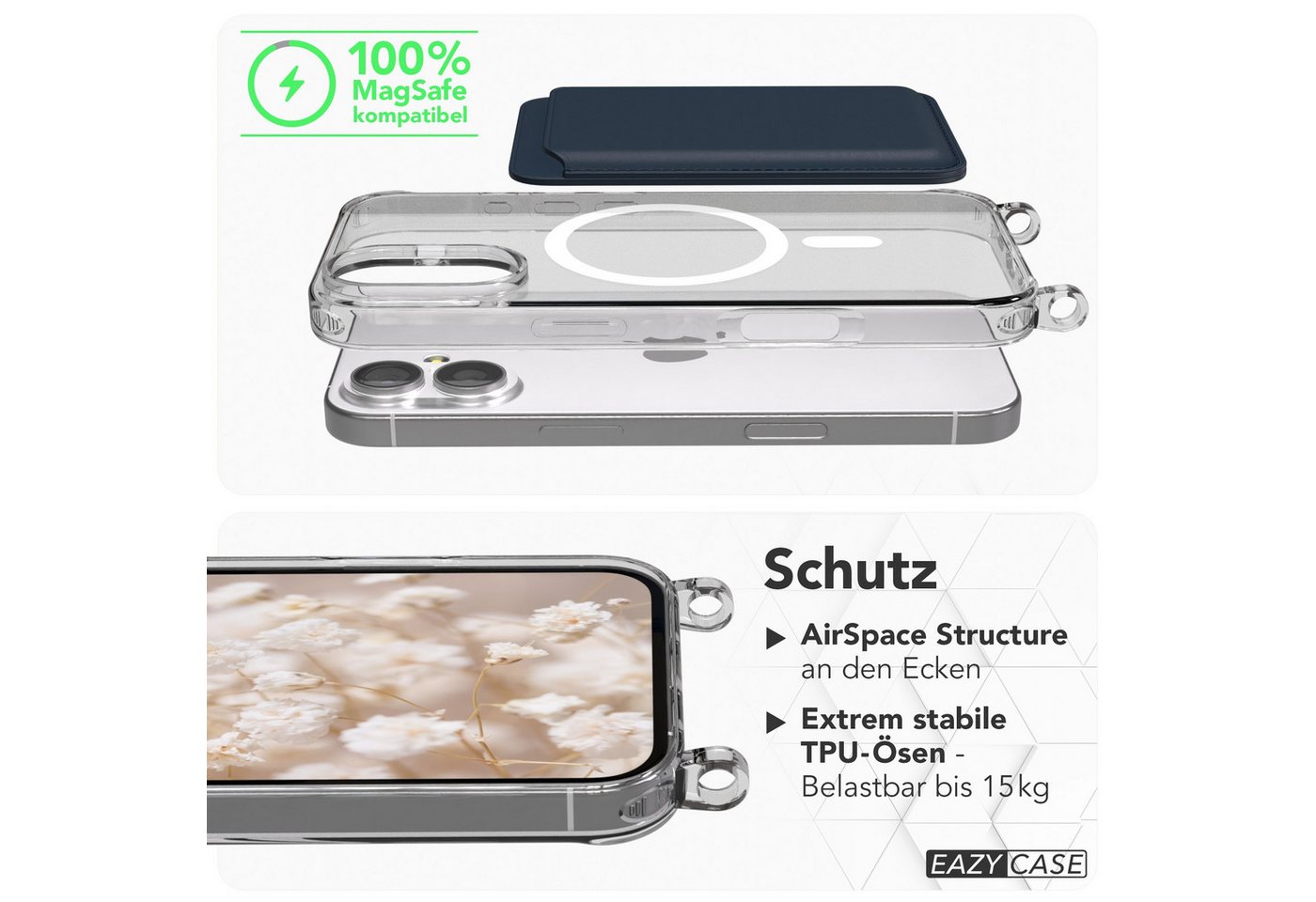 EAZY CASE Handykette mit Magsafe Hülle für Apple iPhone 17 6,3 Zoll, Slimcover Handykette Hülle mit Band Clear Case Handykordel Clips Rose Bild 4
