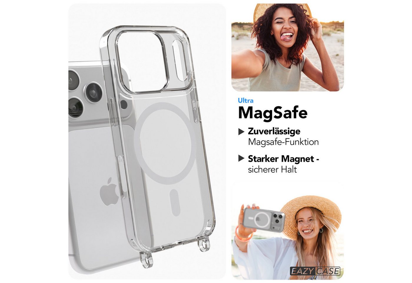 EAZY CASE Handykette 2in1 Metallkette MagSafe Hülle für iPhone 17 Pro 6,3 Zoll, MagSafe Tasche mit Kette Metallkette Handykette Umhängetasche Rosé Bild 3