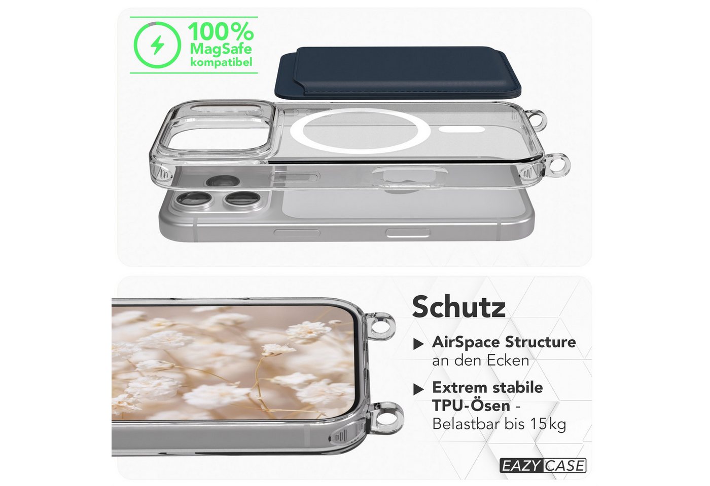 EAZY CASE Handykette 2in1 Metallkette MagSafe Hülle für iPhone 17 Pro 6,3 Zoll, MagSafe Tasche mit Kette Metallkette Handykette Umhängetasche Rosé Bild 4