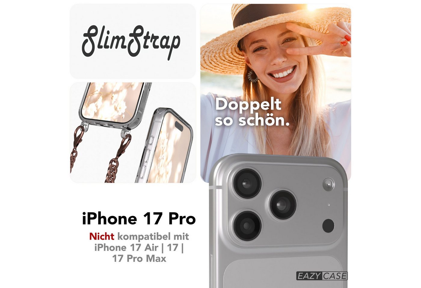 EAZY CASE Handykette 2in1 Metallkette MagSafe Hülle für iPhone 17 Pro 6,3 Zoll, MagSafe Tasche mit Kette Metallkette Handykette Umhängetasche Rosé Bild 5