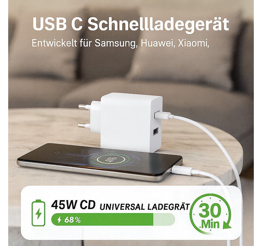 Alpha Electronics 45W USB C Schnell Ladegerät für Samsung Galaxy S25–S10, Tab S9, Buds USB-Ladegerät (3000 mA, Spar-Set, 1-tlg., Huawei Mate 60, Xiaomi 14 Serie, Universalkompatibel, Power Delivery & Quick Charge,Dual-Port Ladegerät) Bild 2