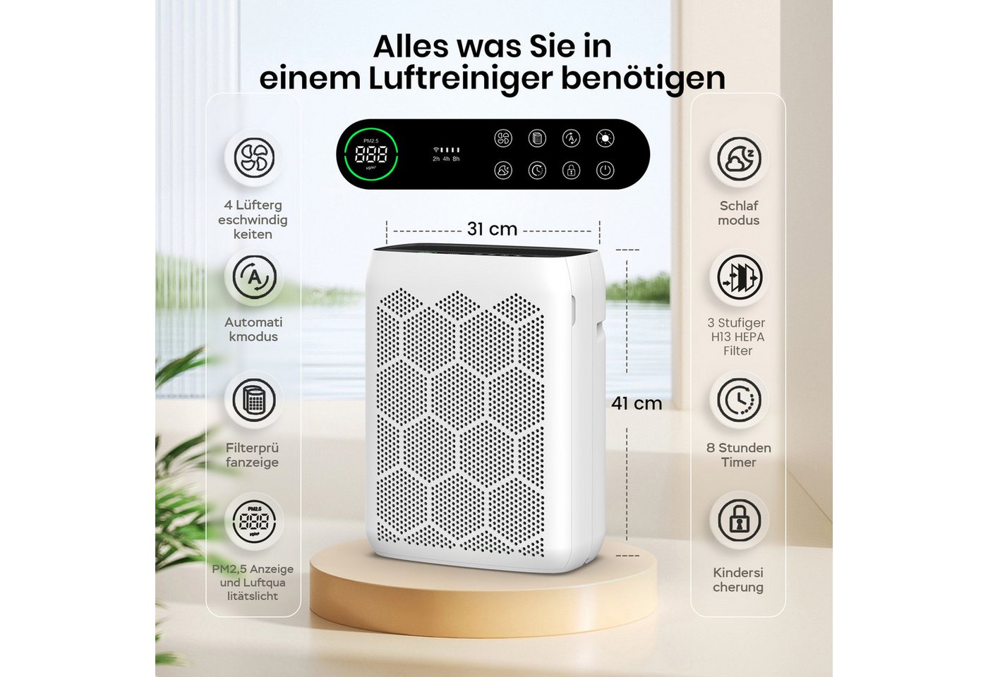 Teendow Luftreiniger Luftreiniger JH22C für Allergiker, H13 HEPA, CADR 260m³/h, PM2.5-Sensor, LED, Timer und Kindersicherung Bild 3