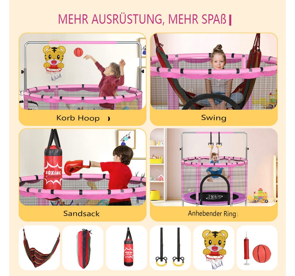 Insma Kindertrampolin Kinder Jumpingtrampolin Indoor Trampolin, Ø 140 cm, mit Sicherheitsnetz, Schaukel,Basketballkorb,Ring, Sandsack bis 200kg