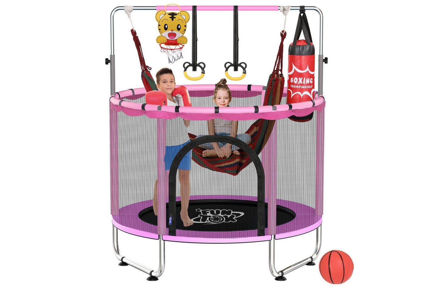 Insma Kindertrampolin Kinder Jumpingtrampolin Indoor Trampolin, Ø 140 cm, mit Sicherheitsnetz, Schaukel,Basketballkorb,Ring, Sandsack bis 200kg Bild 3