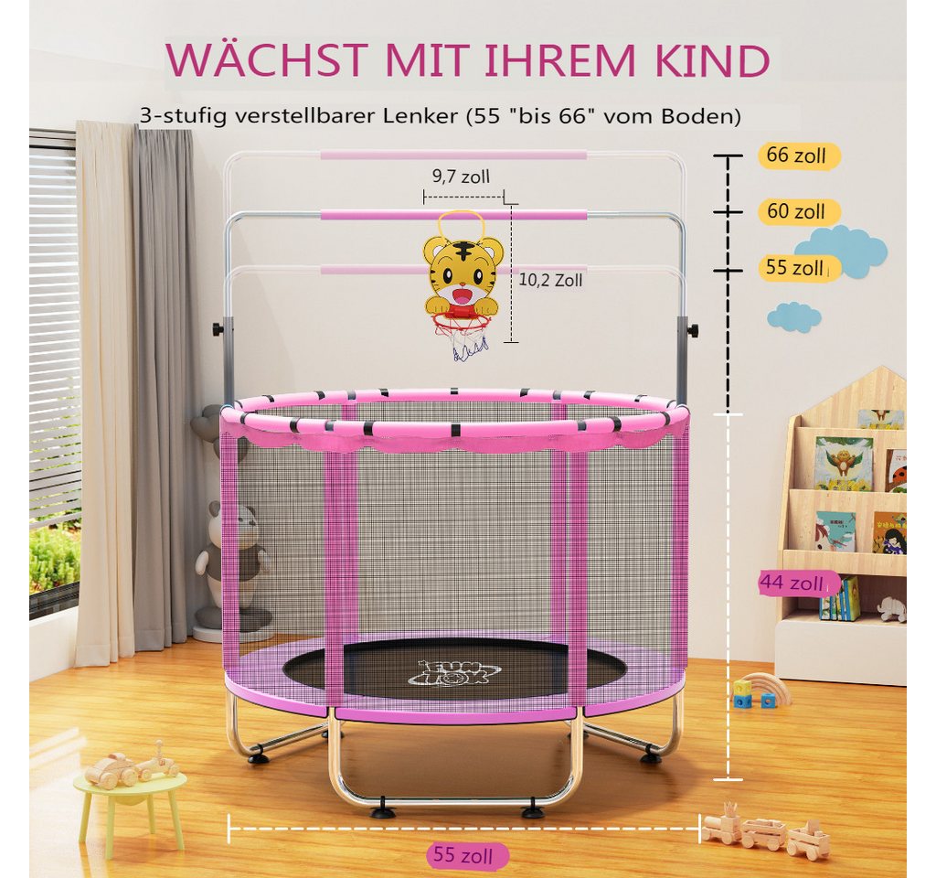 Insma Kindertrampolin Kinder Jumpingtrampolin Indoor Trampolin, Ø 140 cm, mit Sicherheitsnetz, Schaukel,Basketballkorb,Ring, Sandsack bis 200kg Bild 4