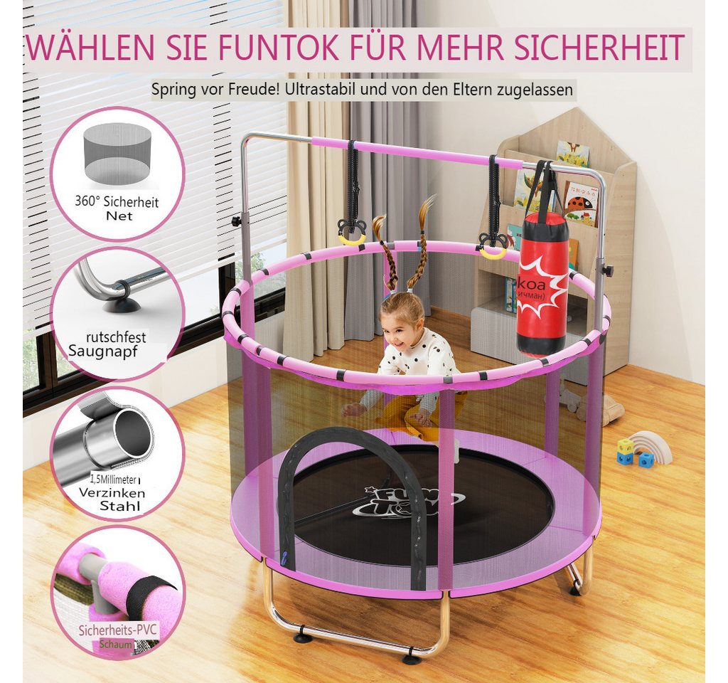 Insma Kindertrampolin Kinder Jumpingtrampolin Indoor Trampolin, Ø 140 cm, mit Sicherheitsnetz, Schaukel,Basketballkorb,Ring, Sandsack bis 200kg Bild 5