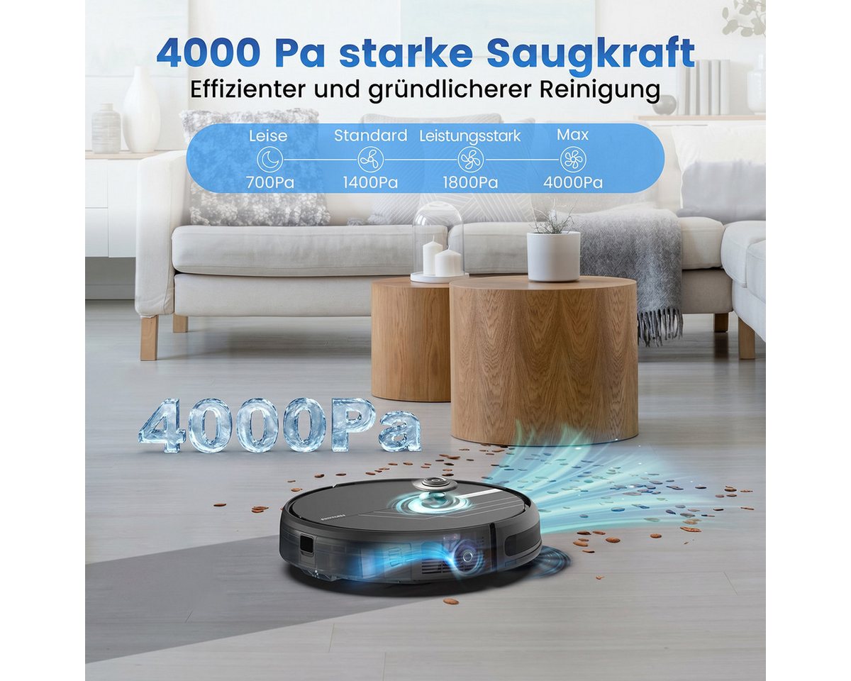 AIRROBO Nass-Trocken-Saugroboter Saugroboter mit Wischfunktion, 4000 Pa starke Saugkraft, 3-in-1 Kehren & Saugen & Wischen, intelligente Gyroskop-Navigation, Unterstützt WLAN/App/Sprachsteuerung, für Tierhaare & Hartböden Bild 4