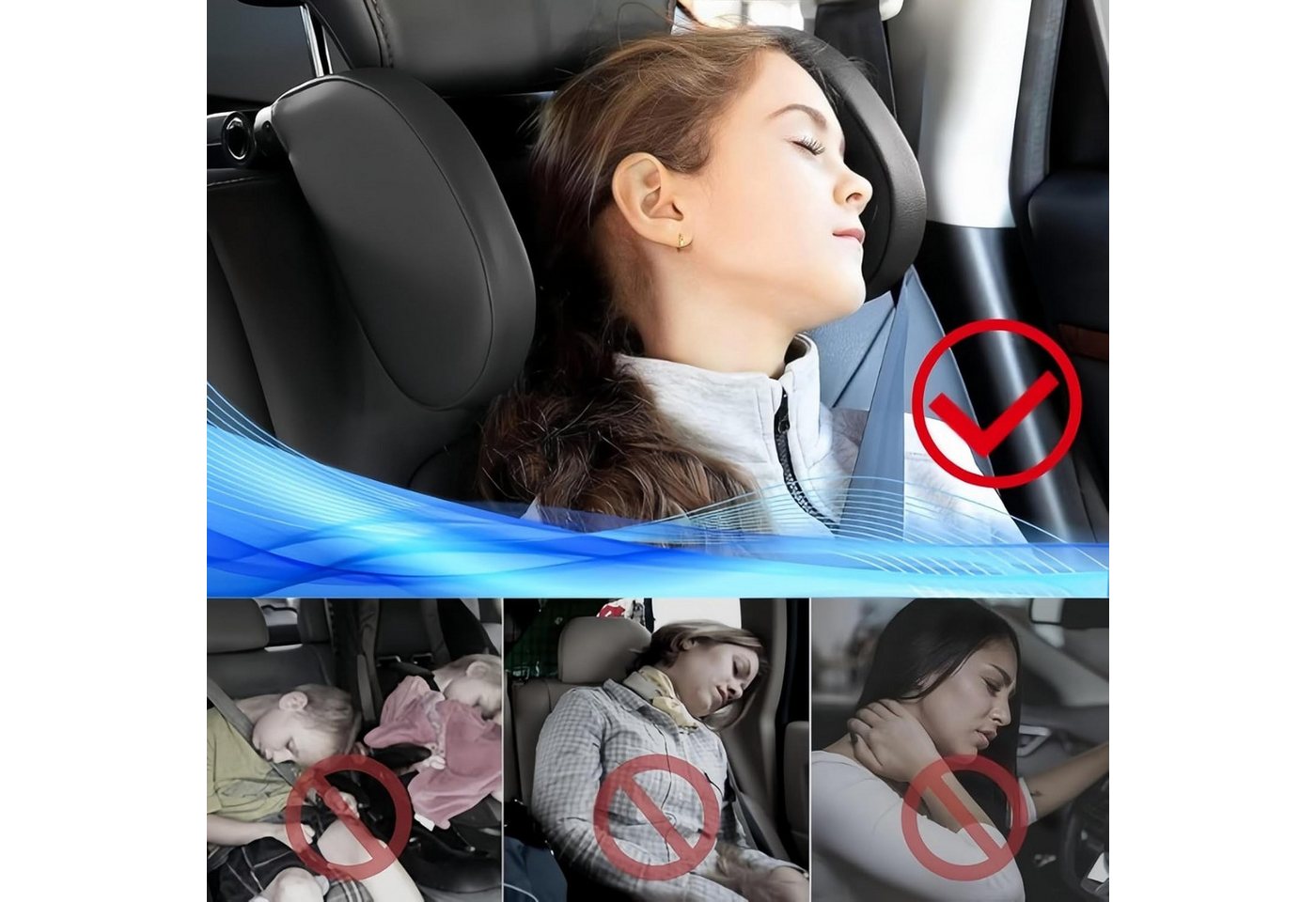 ibettertec Autokopfstütze Autokopfstütze, 360°Verstellbares Auto-Kopfstützenkissen, (Auto-Reise-Schlaf-Kopfstützkissen für Kinder und Erwachsene, Memory Foarm Nackenkissen), nur geeignet für Autositz mit 2 Stangen Bild 2