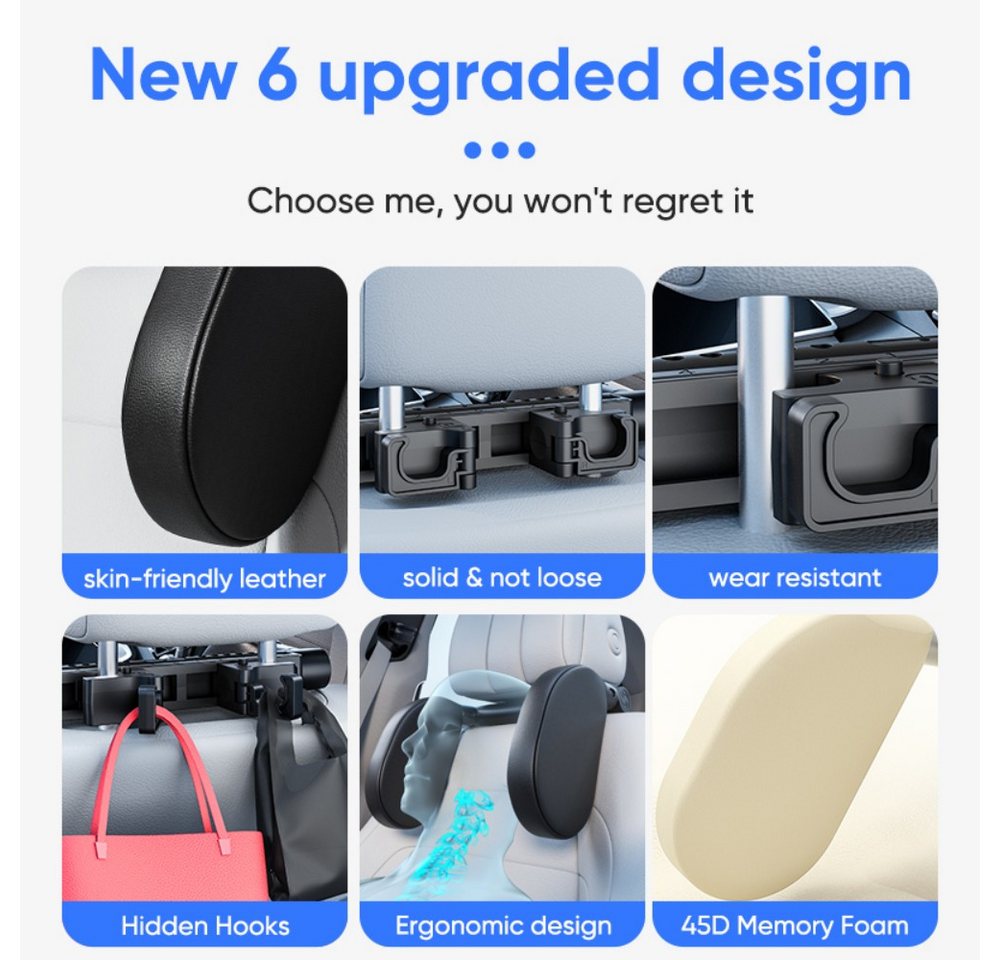 ibettertec Autokopfstütze Autokopfstütze, 360°Verstellbares Auto-Kopfstützenkissen, (Auto-Reise-Schlaf-Kopfstützkissen für Kinder und Erwachsene, Memory Foarm Nackenkissen), nur geeignet für Autositz mit 2 Stangen Bild 3