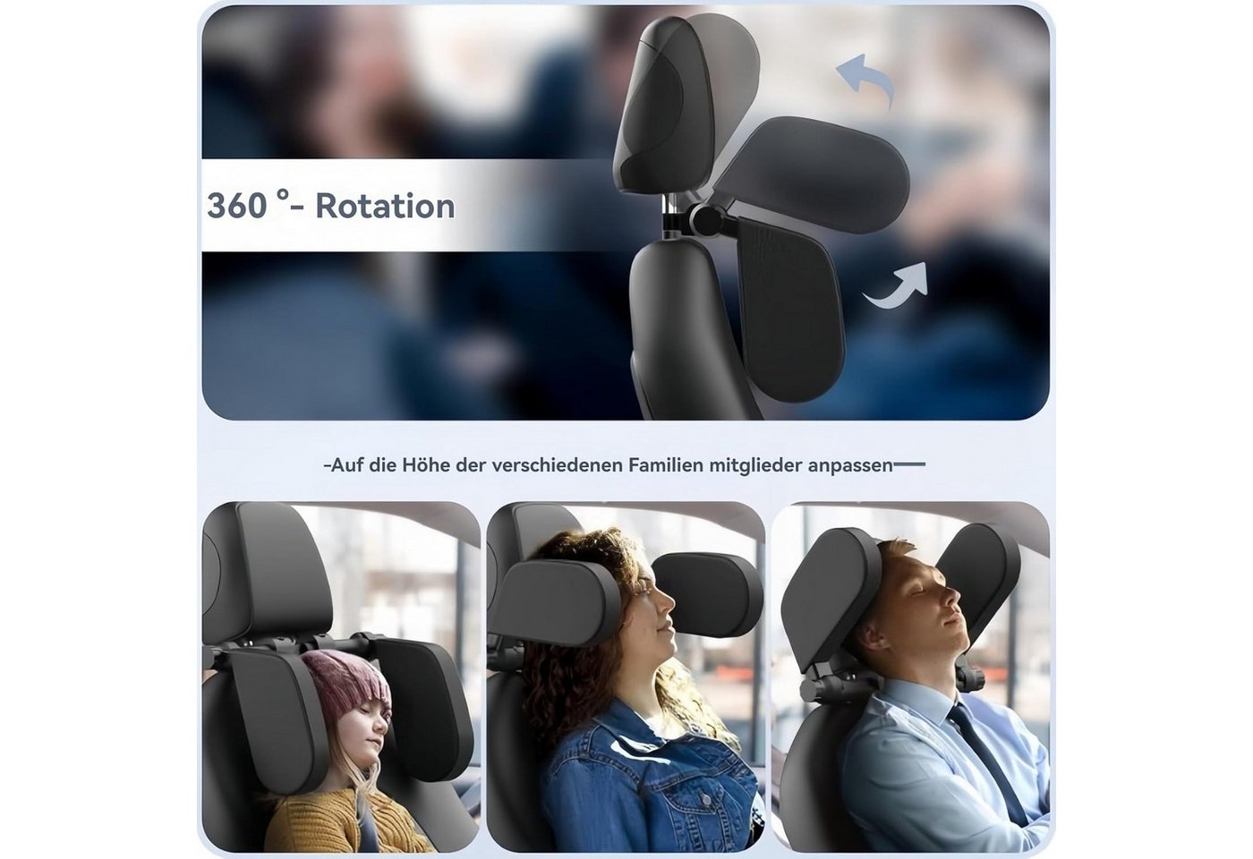 ibettertec Autokopfstütze Autokopfstütze, 360°Verstellbares Auto-Kopfstützenkissen, (Auto-Reise-Schlaf-Kopfstützkissen für Kinder und Erwachsene, Memory Foarm Nackenkissen), nur geeignet für Autositz mit 2 Stangen Bild 4