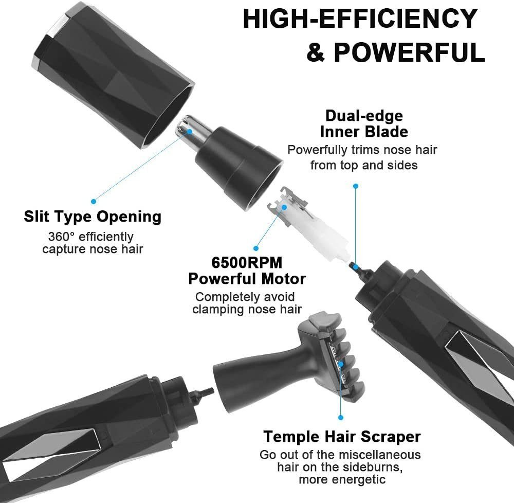 feinlux Nasen- und Ohrhaartrimmeraufsatz Nasen- und Ohrhaartrimmer Nasenhaartrimmer, set, 2 in 1 Nasen/Ohrhaarschneider Herren, zum sicheren Trimmen ohne Zupfen, USB-Aufladung Bild 2
