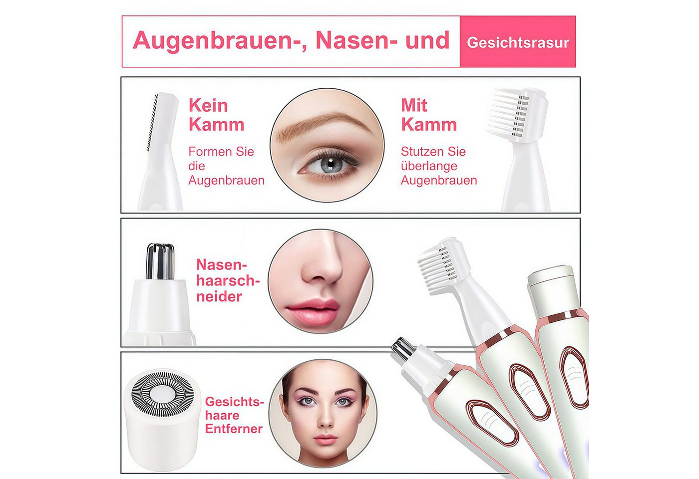 MOPUEA Haarentferner-Set Elektrischer Rasierer für Frauen, 4-in-1-Rasierer für Frauen, Haartrimmer für Gesicht Nase Achseln Intimbereich Bikinizone, Intimrasierer Damen Gesicht Bikinizone USB Aufladung