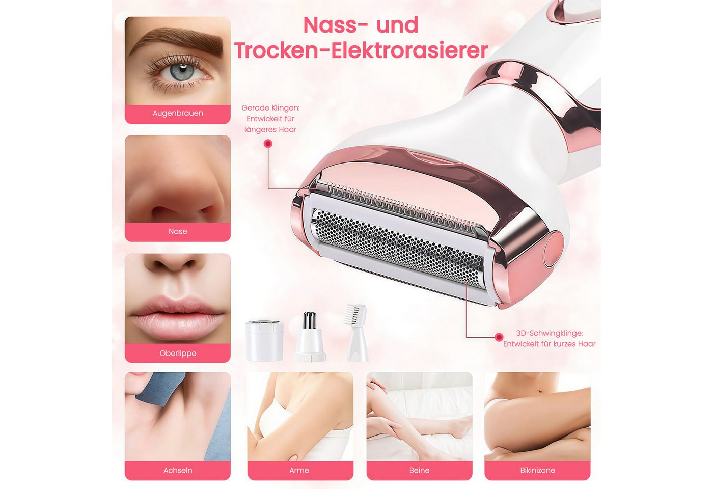 MOPUEA Haarentferner-Set Elektrischer Rasierer für Frauen, 4-in-1-Rasierer für Frauen, Haartrimmer für Gesicht Nase Achseln Intimbereich Bikinizone, Intimrasierer Damen Gesicht Bikinizone USB Aufladung Bild 2
