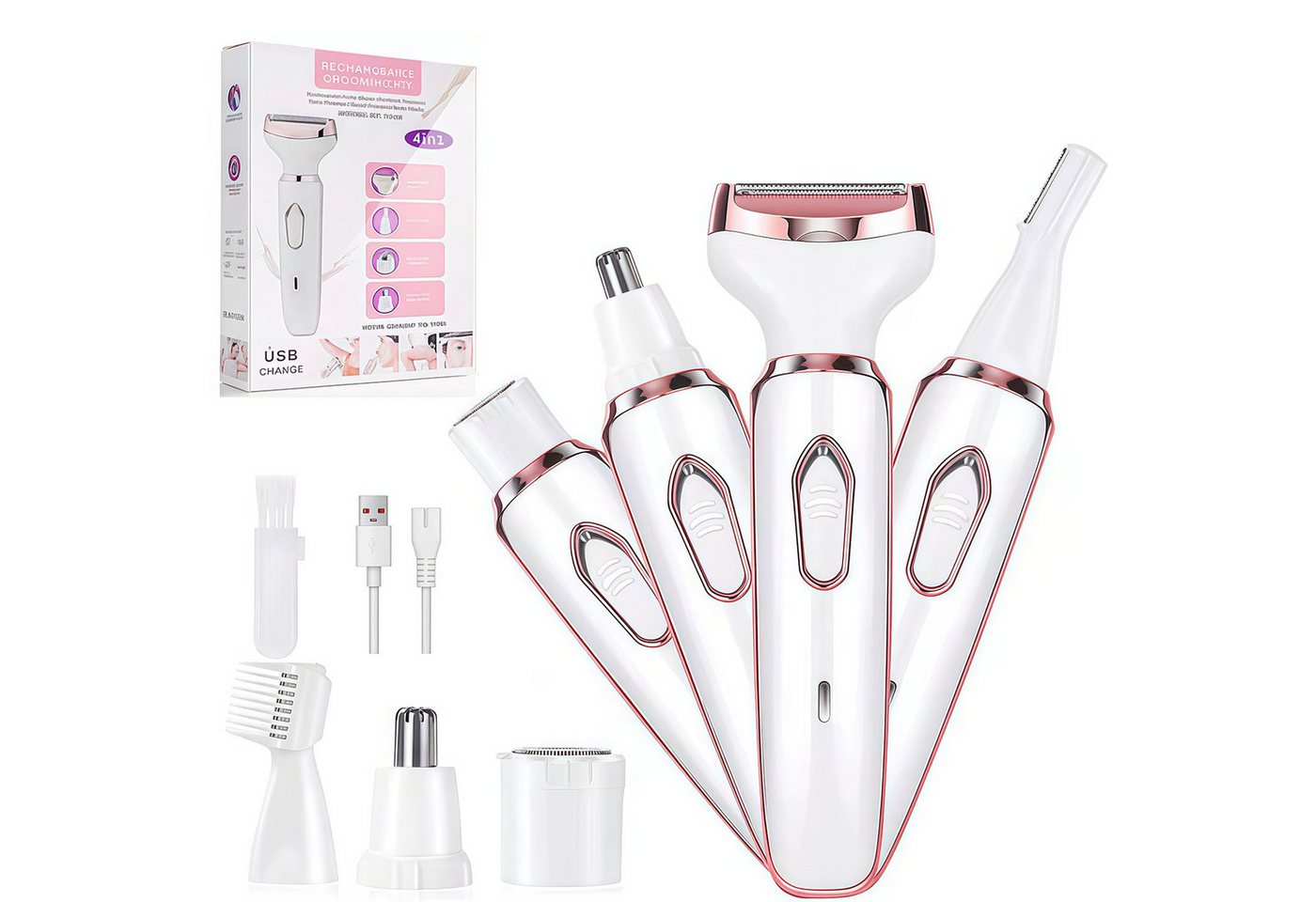 MOPUEA Haarentferner-Set Elektrischer Rasierer für Frauen, 4-in-1-Rasierer für Frauen, Haartrimmer für Gesicht Nase Achseln Intimbereich Bikinizone, Intimrasierer Damen Gesicht Bikinizone USB Aufladung Bild 3