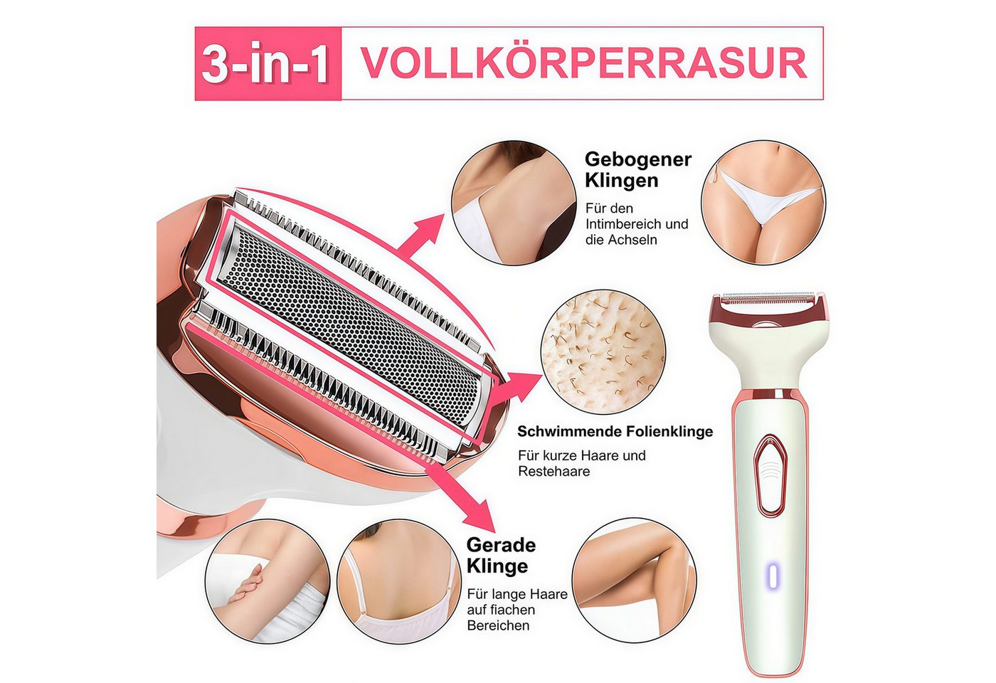 MOPUEA Haarentferner-Set Elektrischer Rasierer für Frauen, 4-in-1-Rasierer für Frauen, Haartrimmer für Gesicht Nase Achseln Intimbereich Bikinizone, Intimrasierer Damen Gesicht Bikinizone USB Aufladung Bild 4