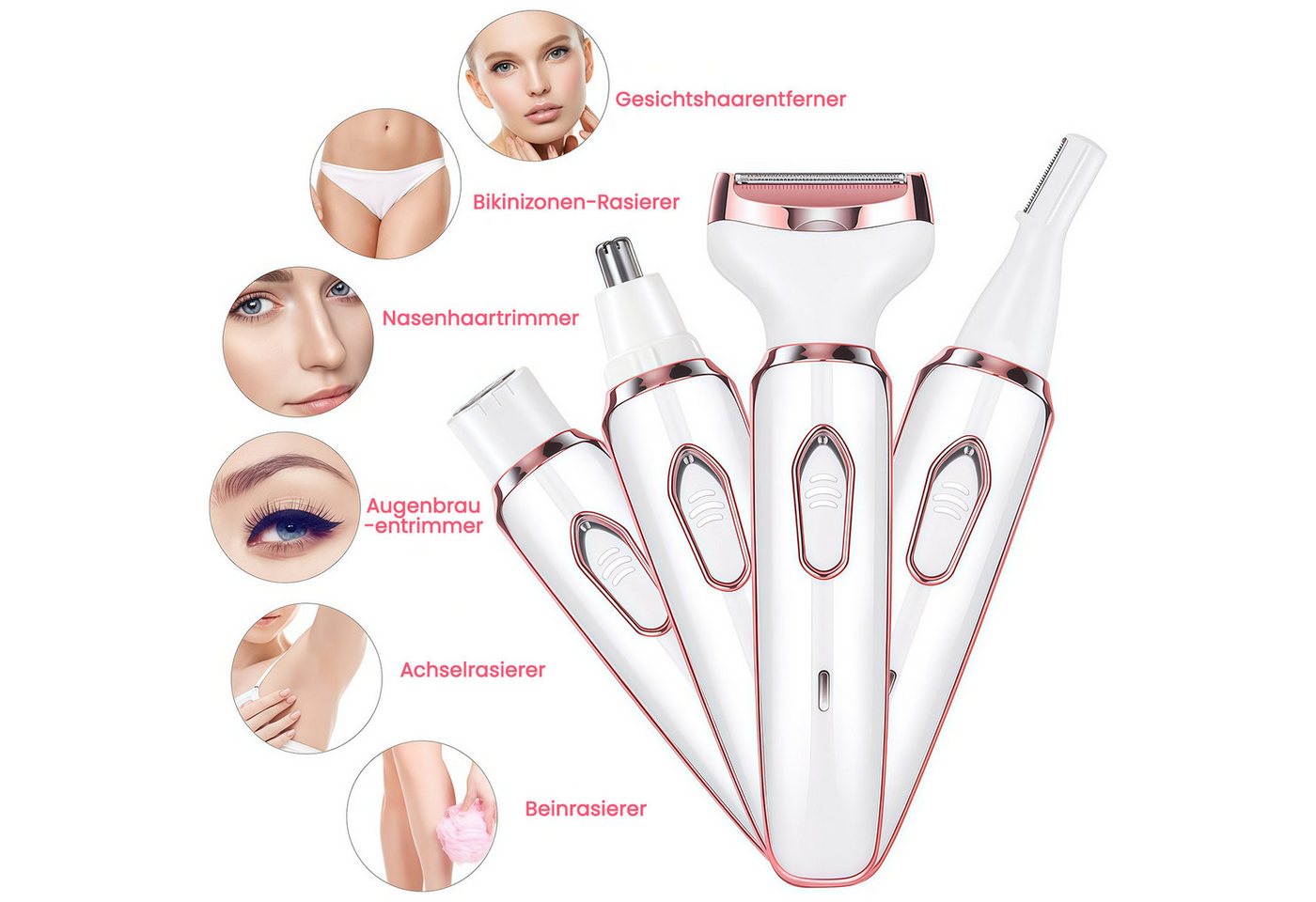 MOPUEA Haarentferner-Set Elektrischer Rasierer für Frauen, 4-in-1-Rasierer für Frauen, Haartrimmer für Gesicht Nase Achseln Intimbereich Bikinizone, Intimrasierer Damen Gesicht Bikinizone USB Aufladung Bild 5
