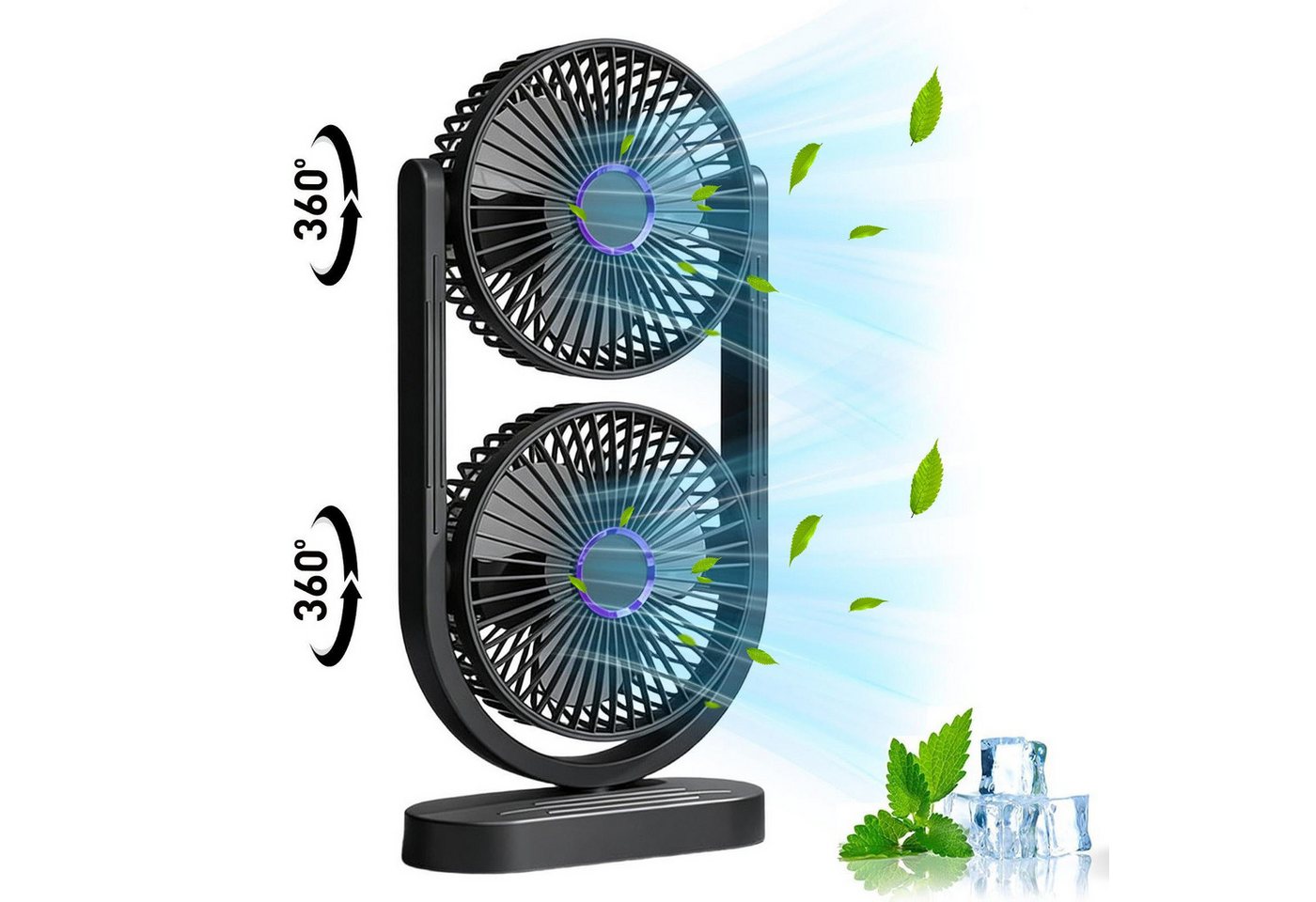 MOPUEA Standventilator 360° Drehbar Doppelkopf Luftzirkulationsventilator USB Tischventilator, Mini Standventilator Luftzirkulation Leise USB Aufladbar