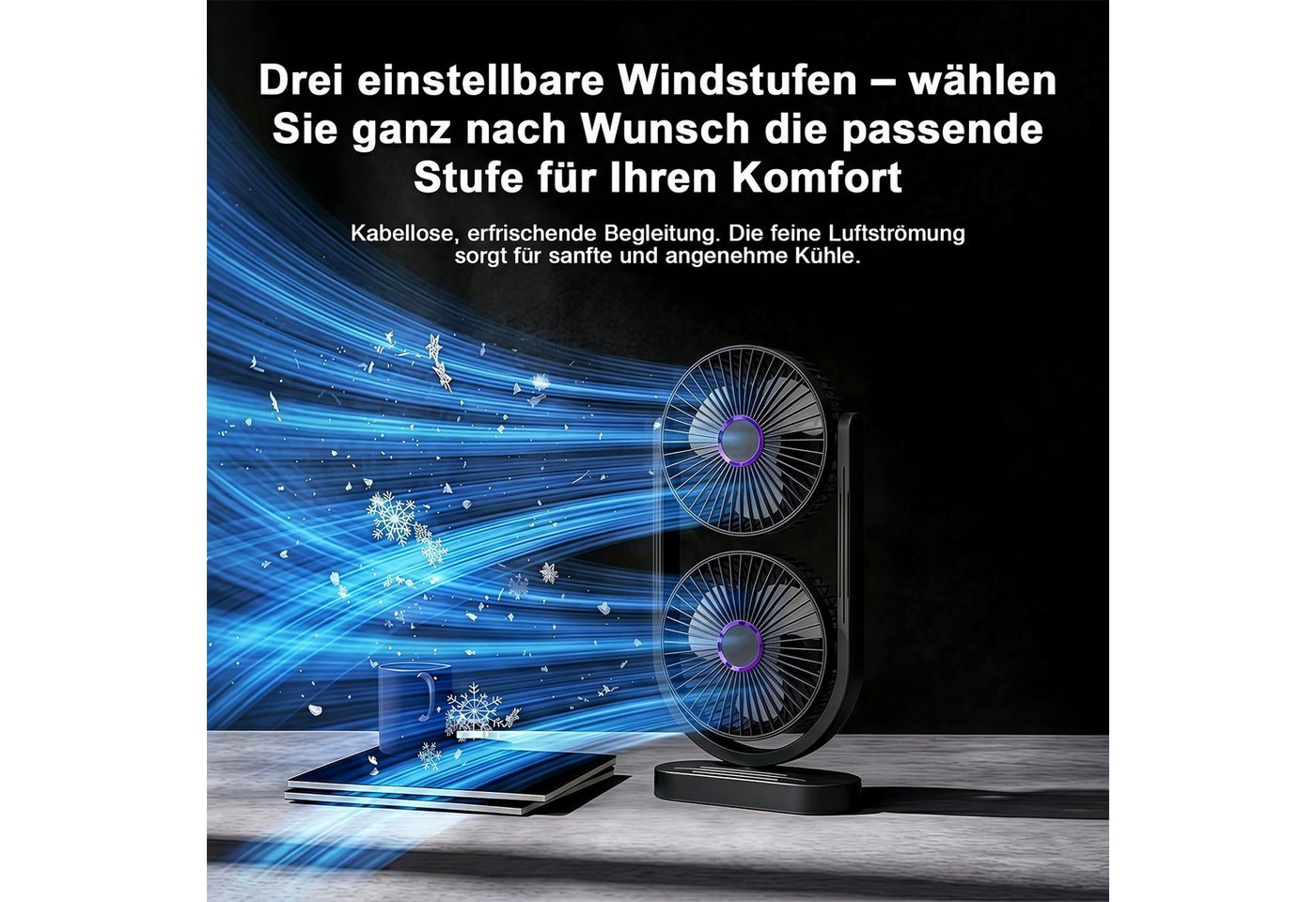 MOPUEA Standventilator 360° Drehbar Doppelkopf Luftzirkulationsventilator USB Tischventilator, Mini Standventilator Luftzirkulation Leise USB Aufladbar Bild 2