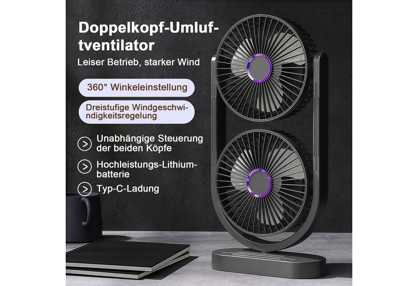 MOPUEA Standventilator 360° Drehbar Doppelkopf Luftzirkulationsventilator USB Tischventilator, Mini Standventilator Luftzirkulation Leise USB Aufladbar Bild 3