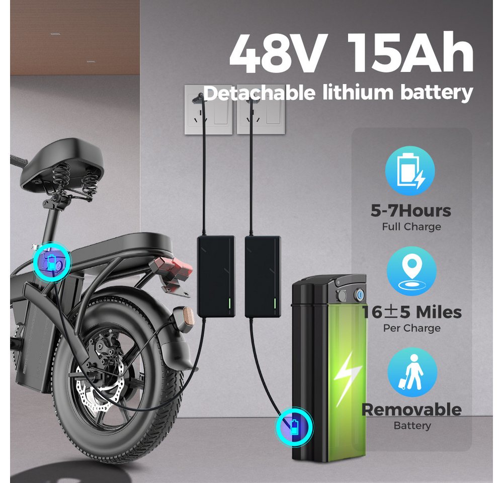 PixelPilot E-Bike Cityrad 14 Zoll Klapprad Elektrofahrrad 48V 15Ah City Pedelec faltbar Korb, Heckmotor, 720 Wh Bild 3