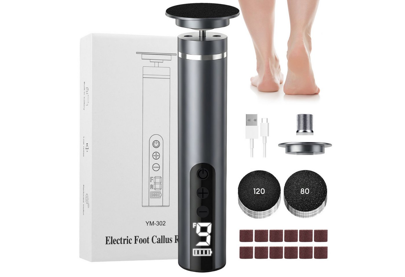 CkeyiN Pro Elektrischer Hornhautentferner 2 in 1,Hornhautentferner Elektrisch/Nagelfeile,Pediküre-Set, 9 Geschwindigkeit,mit Schleifpapier,Wiederaufladbarer, für Tote, Harte, Rissige Haut Bild 3