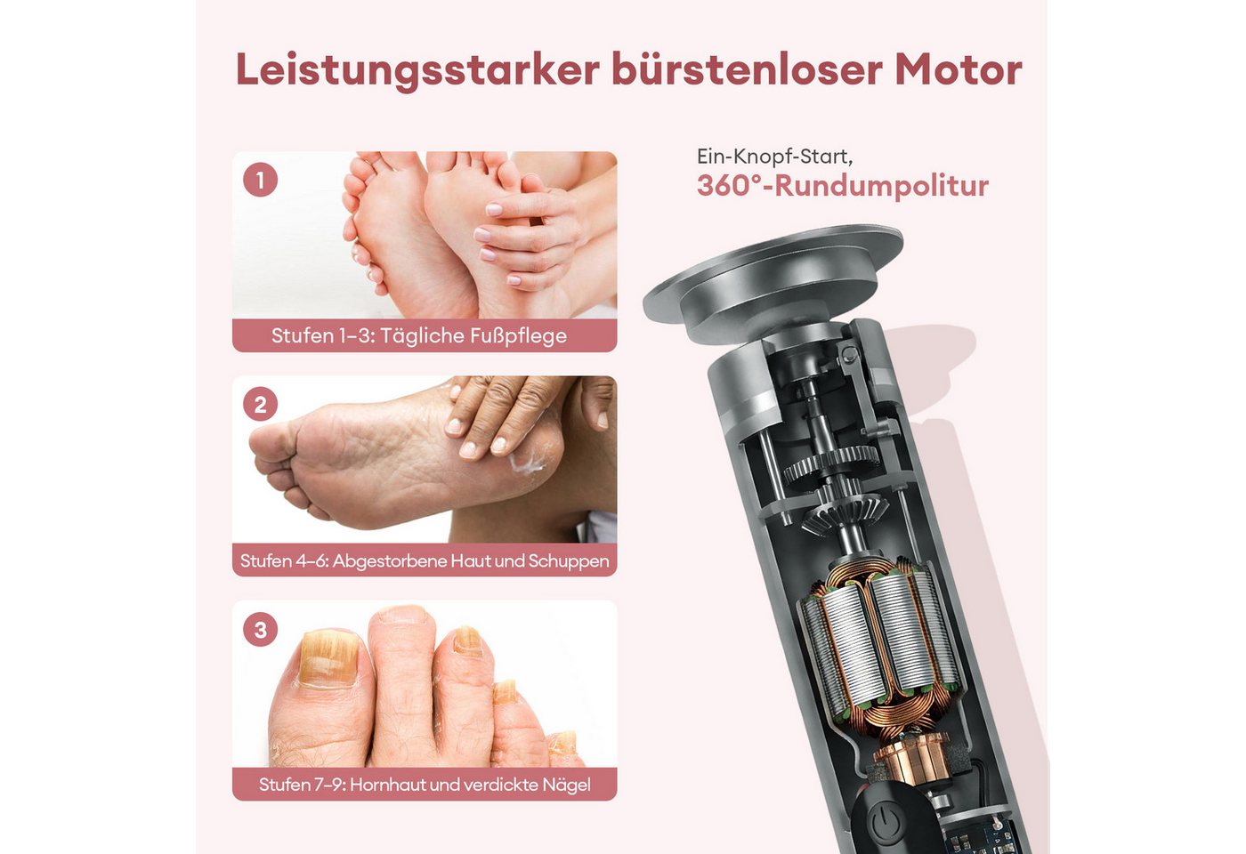 CkeyiN Pro Elektrischer Hornhautentferner 2 in 1,Hornhautentferner Elektrisch/Nagelfeile,Pediküre-Set, 9 Geschwindigkeit,mit Schleifpapier,Wiederaufladbarer, für Tote, Harte, Rissige Haut Bild 5