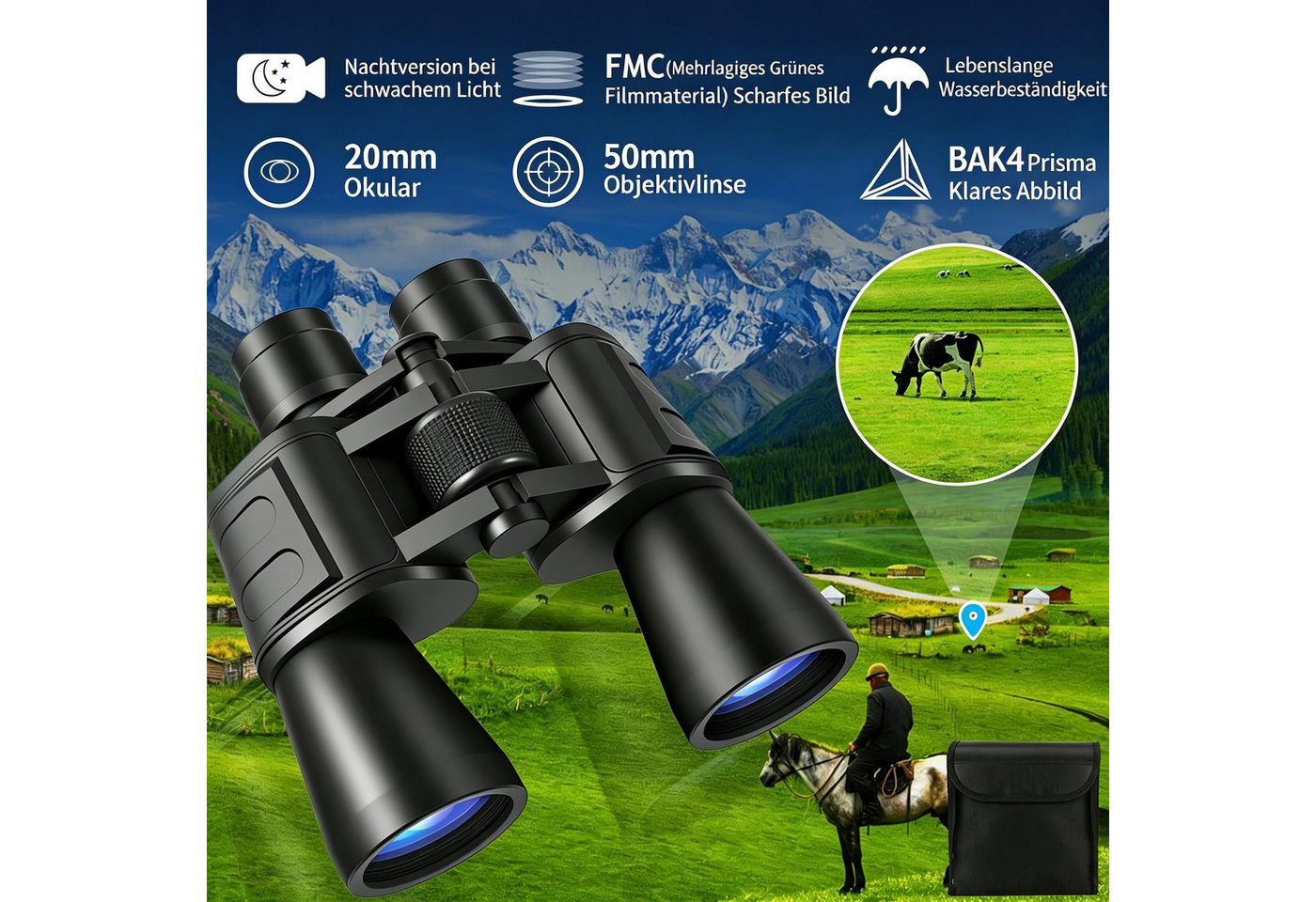 ibettertec Fernglas 20x50 Binoculars mit Nachtsicht bei schwachem Licht Fernglas (Fernglas für Vogelbeobachtung, Jagd/Reisen/Outdoor)