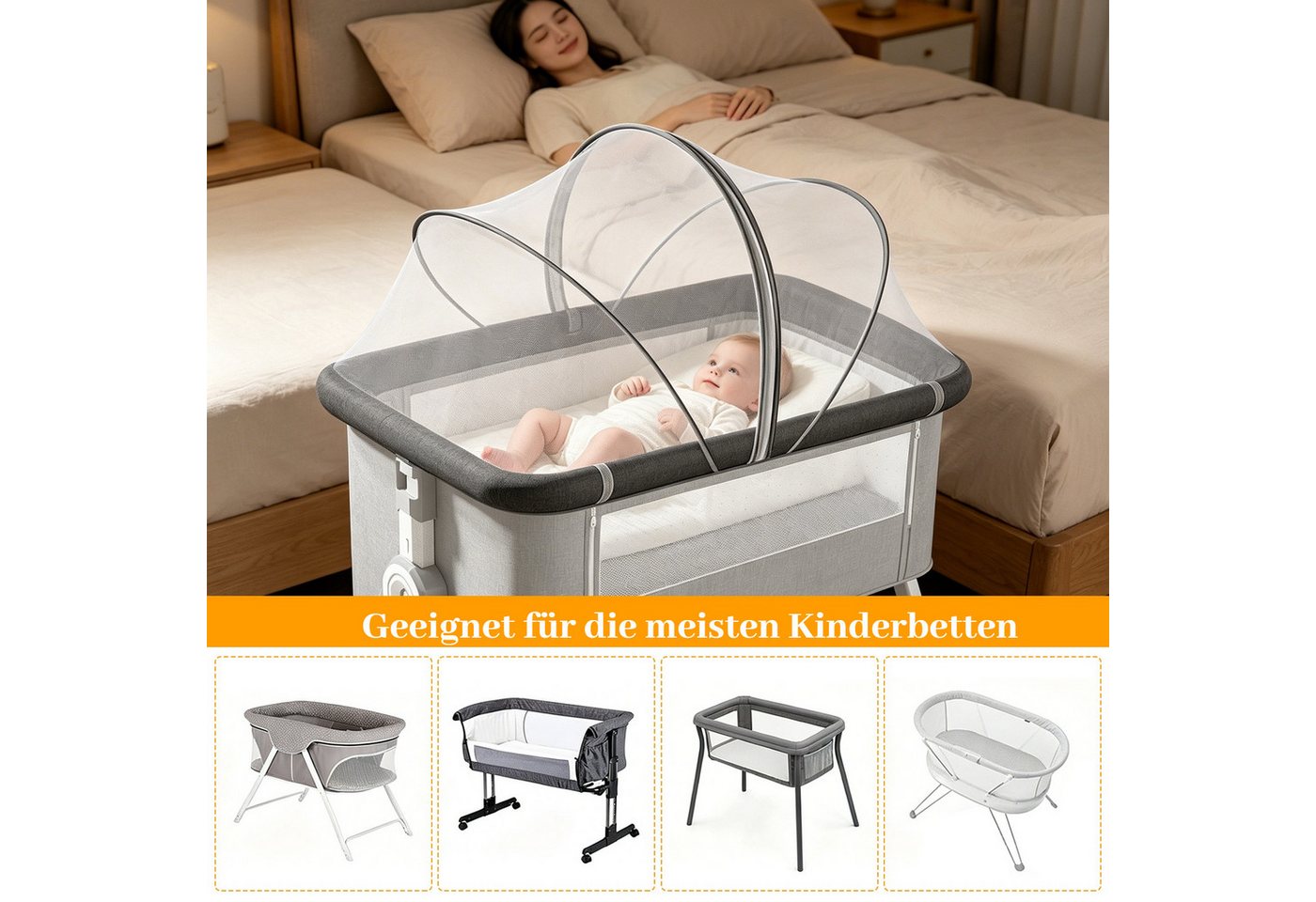 BlingBin Moskitonetz Atmungsaktives stabiles Moskitonetz mit umlaufendem Reißverschluss, (1 Stück, 1 St., 105 × 60 cm), waschbar passend für Kinderbett, Reisebett und Beistellbett Bild 5