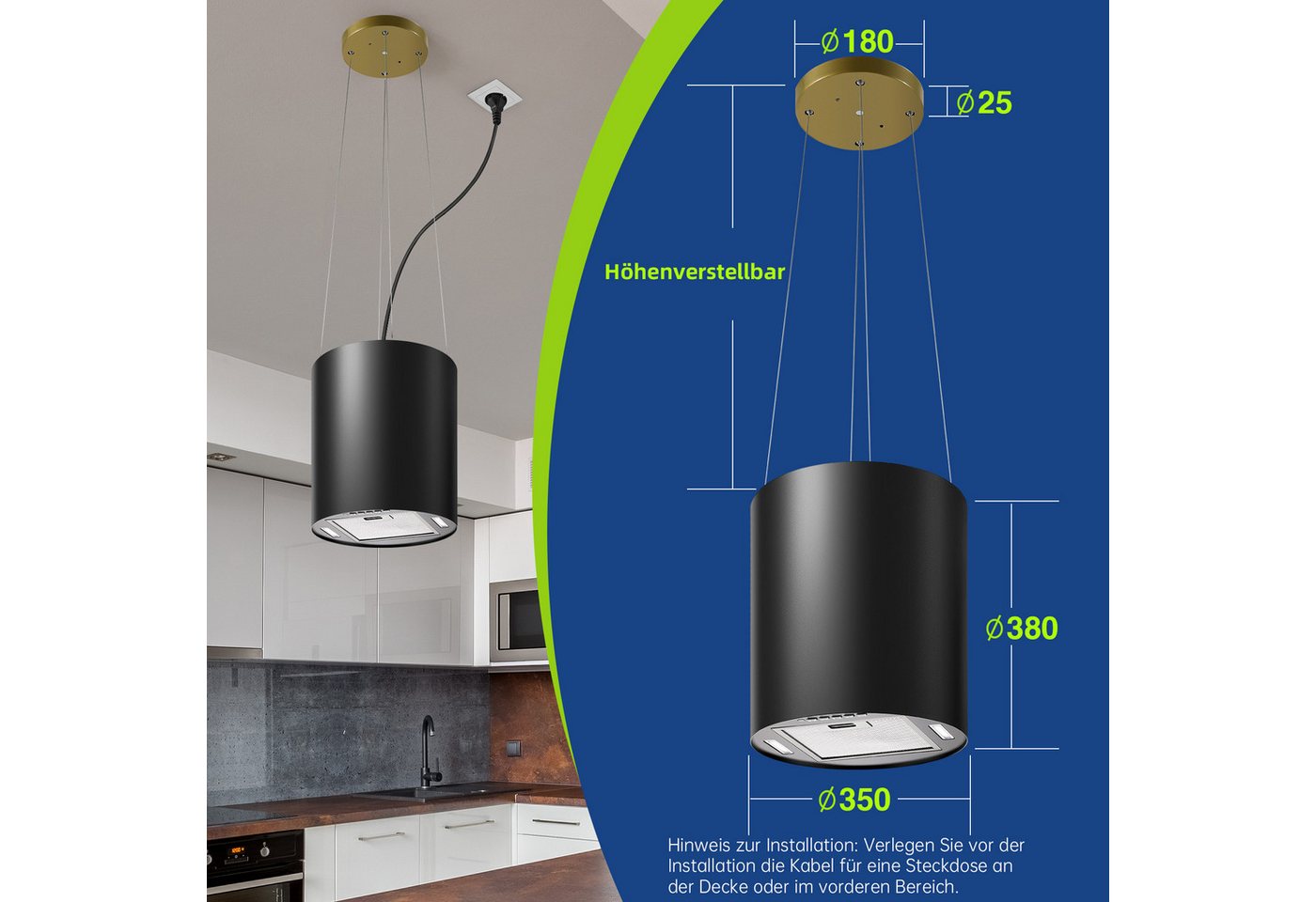 SNDOAS Inselhaube Dunstabzugshaube Umluft 35cm mit 700 m³/h Starker Saugleistung Dunstabzugshaube Umluft 35cm mit 700 m³/h Starker Saugleistung, Aktivkohlefilter, 3 Leistungsstufen, LED, 55dB leise, Energieklasse A+ Bild 2
