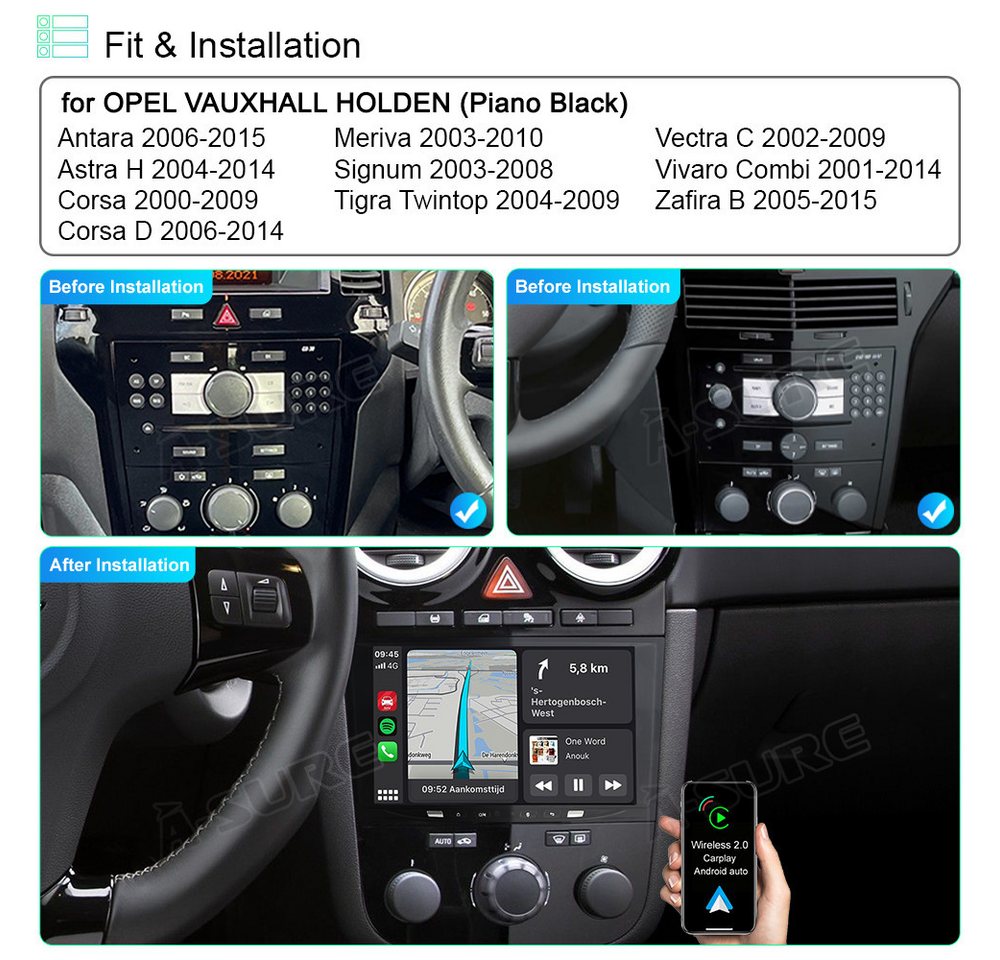 A-Sure 8 Core 4+64G Android 15 Carplay GPS Für Opel Corsa D C Astra H Vectra Autoradio (Digitalradio (DAB), Carplay Android Auto Bluetooth EQ USB GPS Navi WIFI Touchscreen)